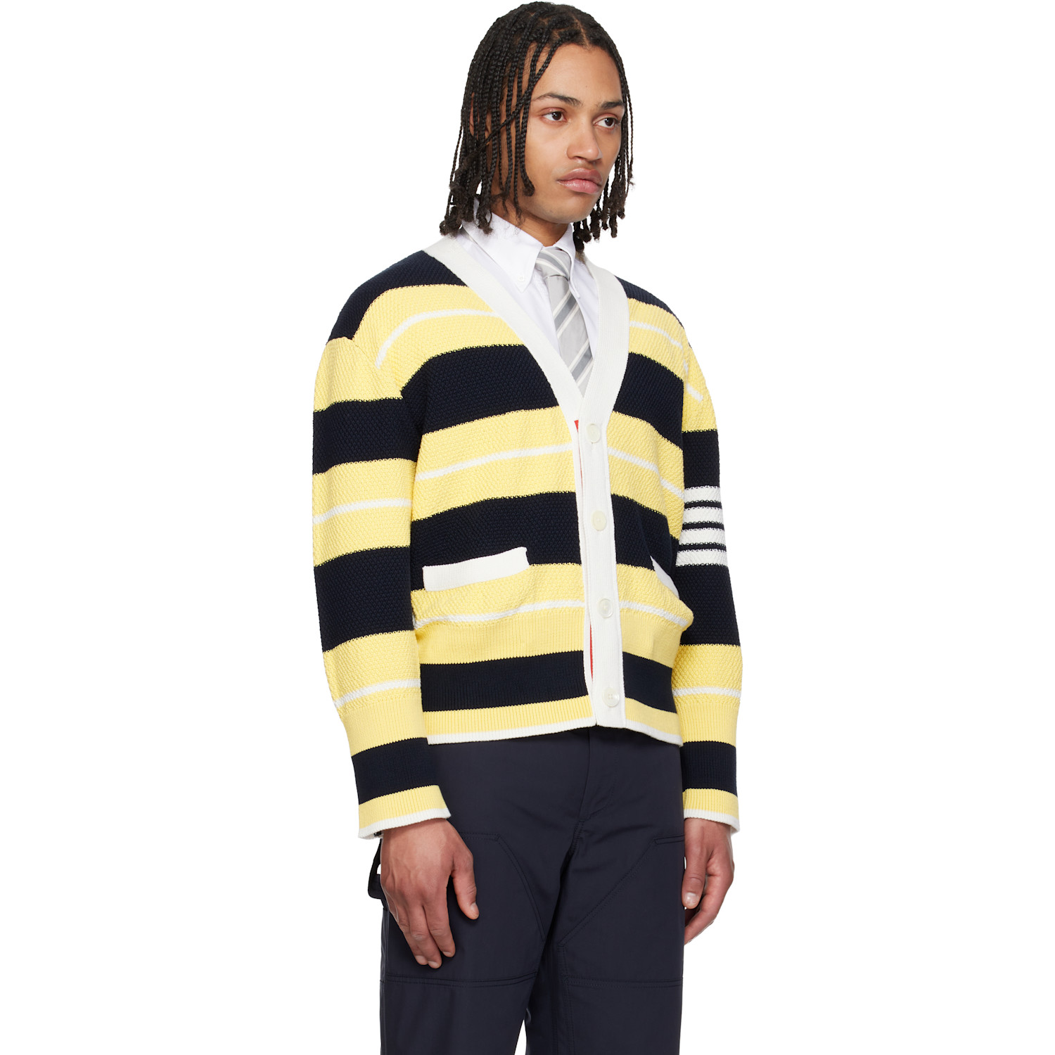  Thom Browne Yellow & Navy Classic Stripe Seed Stitch 4-bar Cardigan 