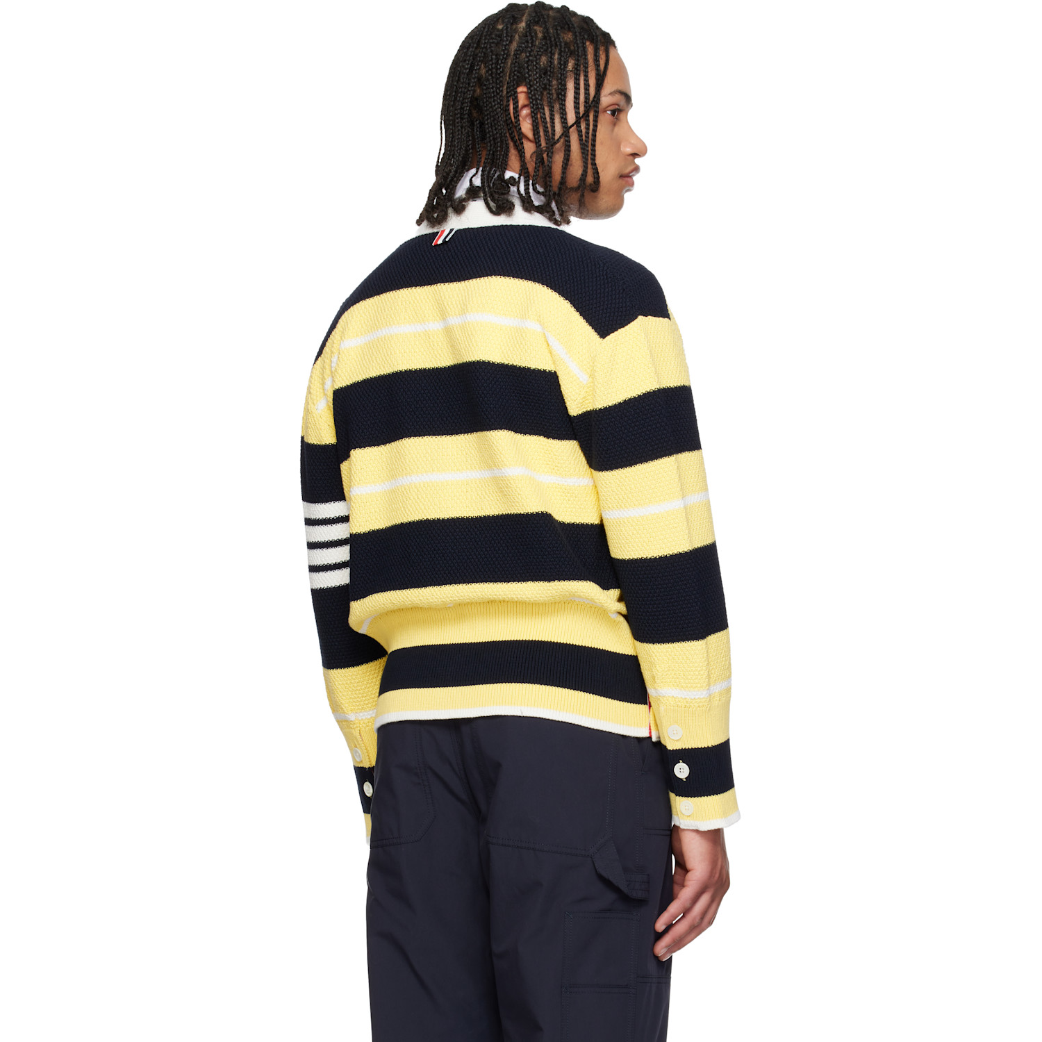  Thom Browne Yellow & Navy Classic Stripe Seed Stitch 4-bar Cardigan 
