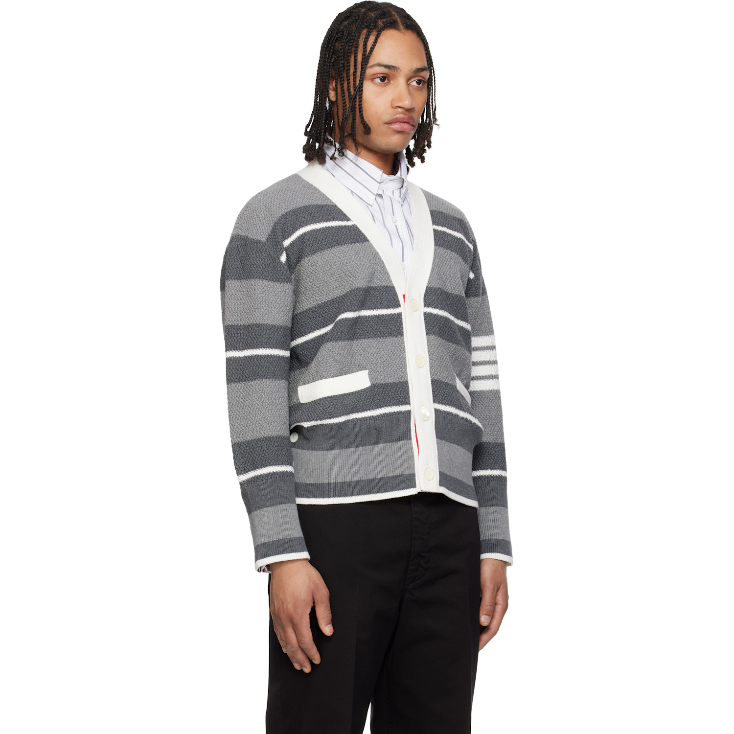  Thom Browne Gray Classic Stripe Seed Stitch 4-bar Cardigan 