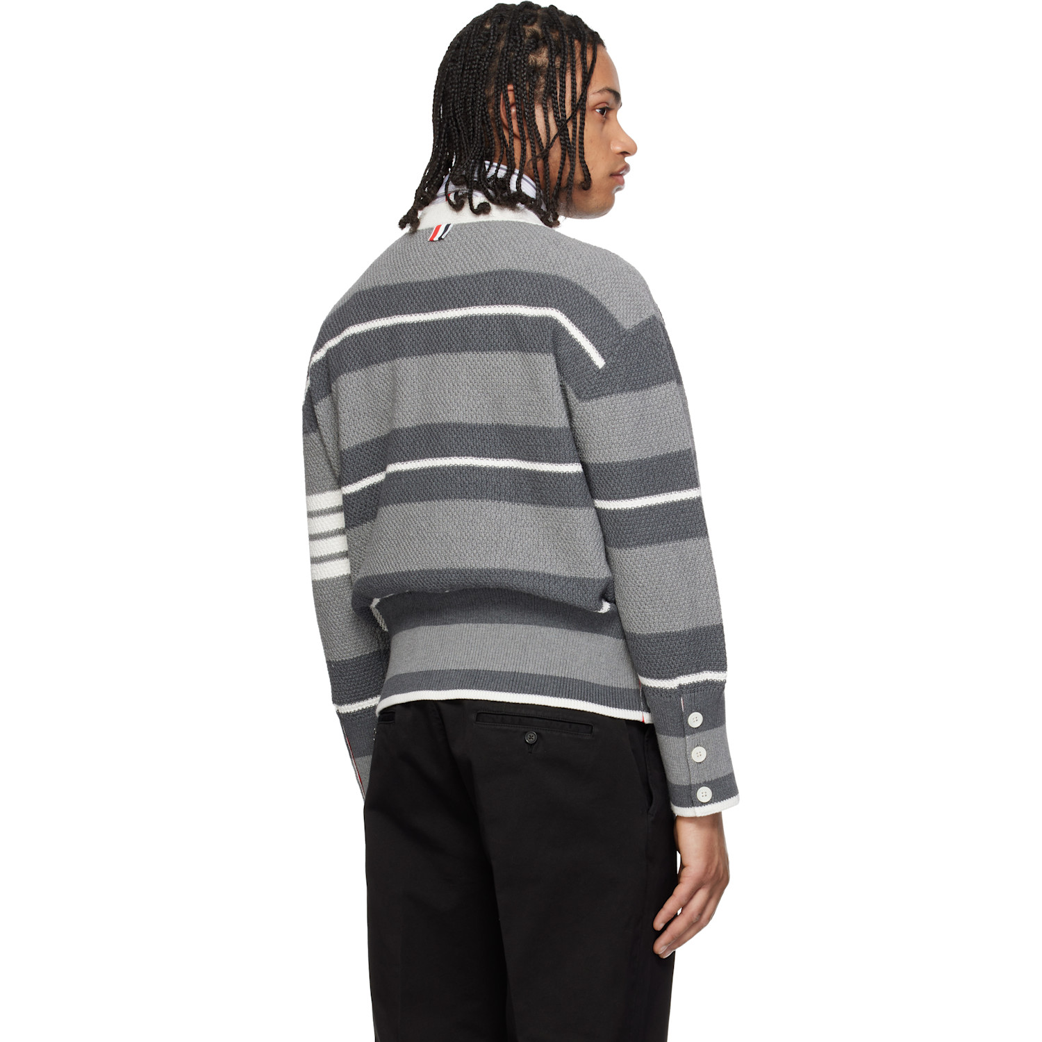  Thom Browne Gray Classic Stripe Seed Stitch 4-bar Cardigan 