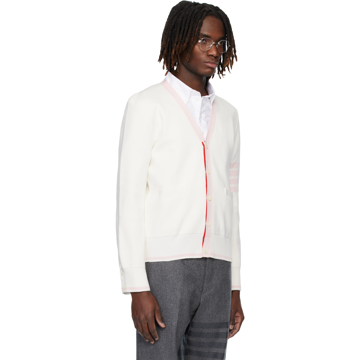  Thom Browne White Cotton 4-bar Milano Classic V-neck Cardigan 