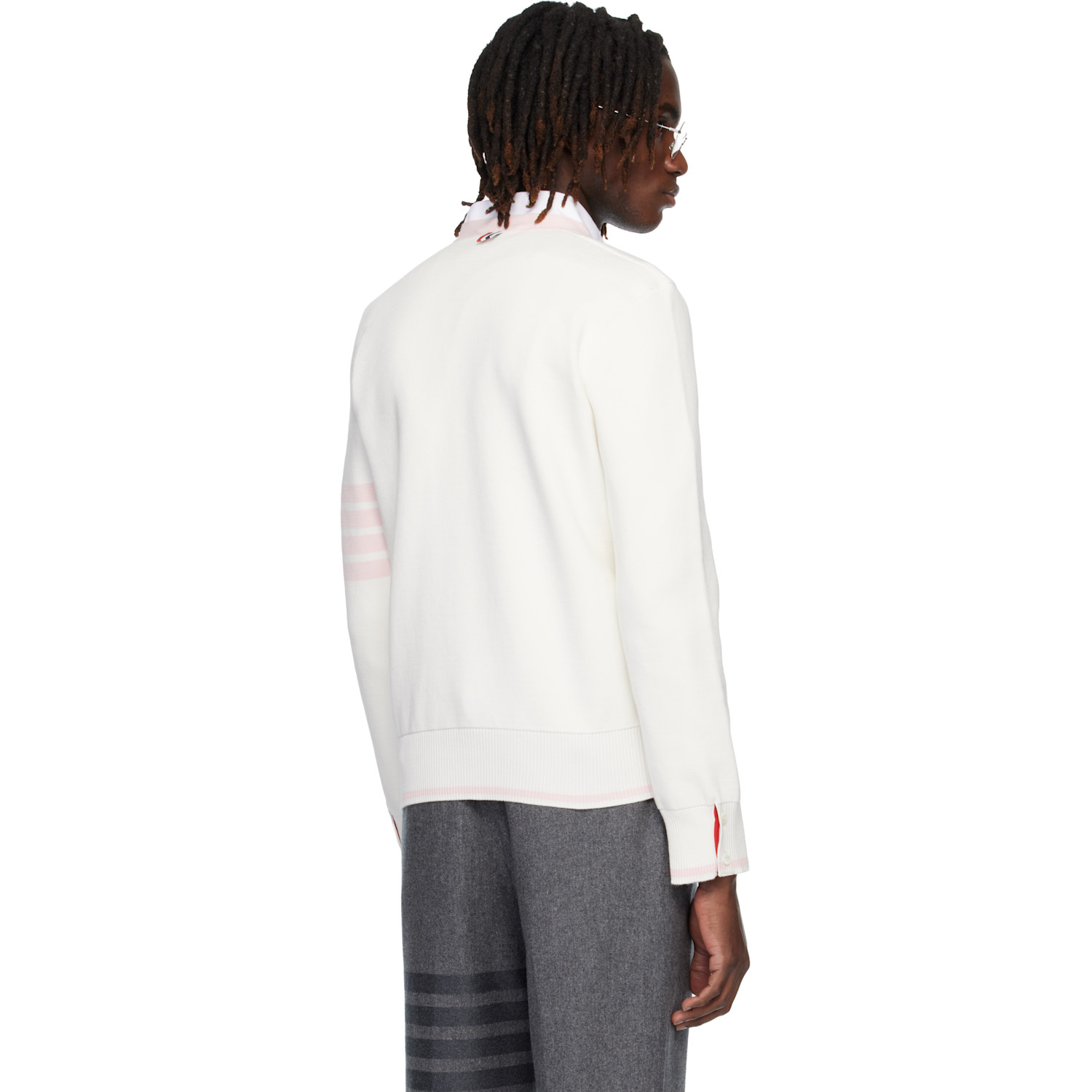  Thom Browne White Cotton 4-bar Milano Classic V-neck Cardigan 
