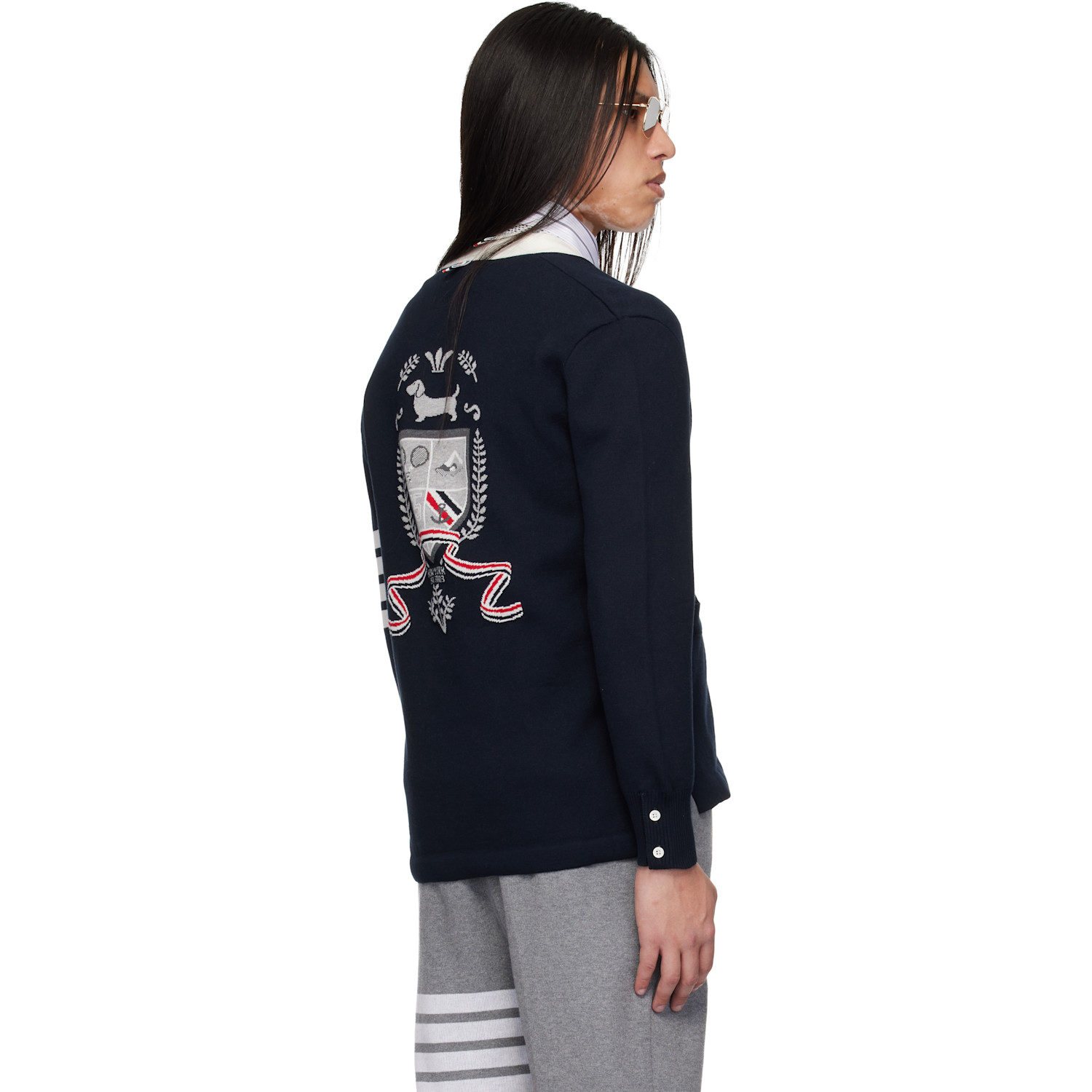  Thom Browne Navy Crest Intarsia Jacquard 4-bar Rugby Fit Cardigan 