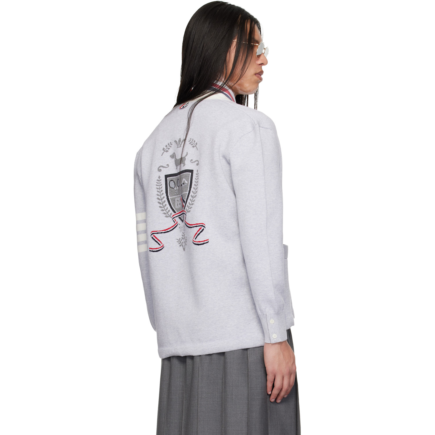  Thom Browne Gray Crest Intarsia Jacquard 4-bar Rugby Fit Cardigan 