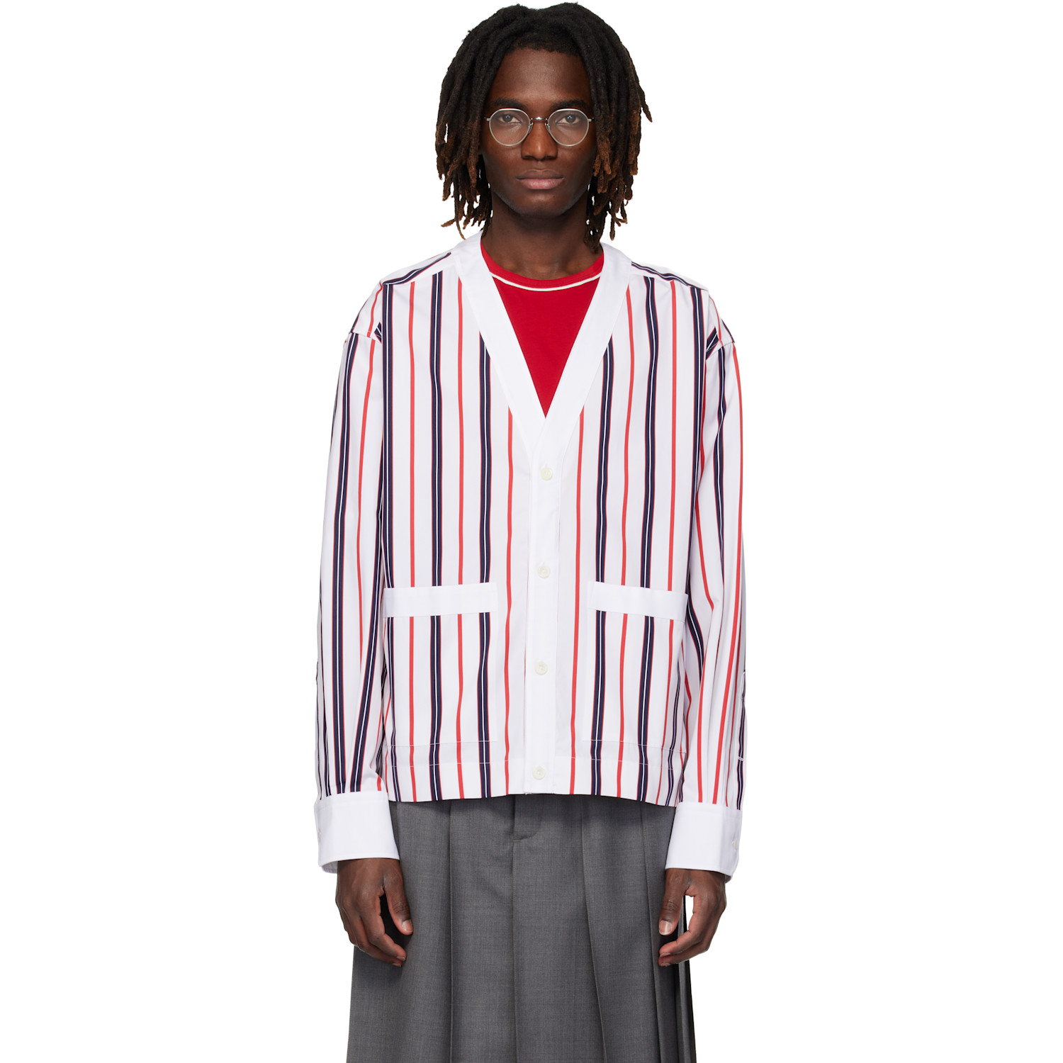 Thom Browne White Repp Stripe Poplin Shirt Cardigan