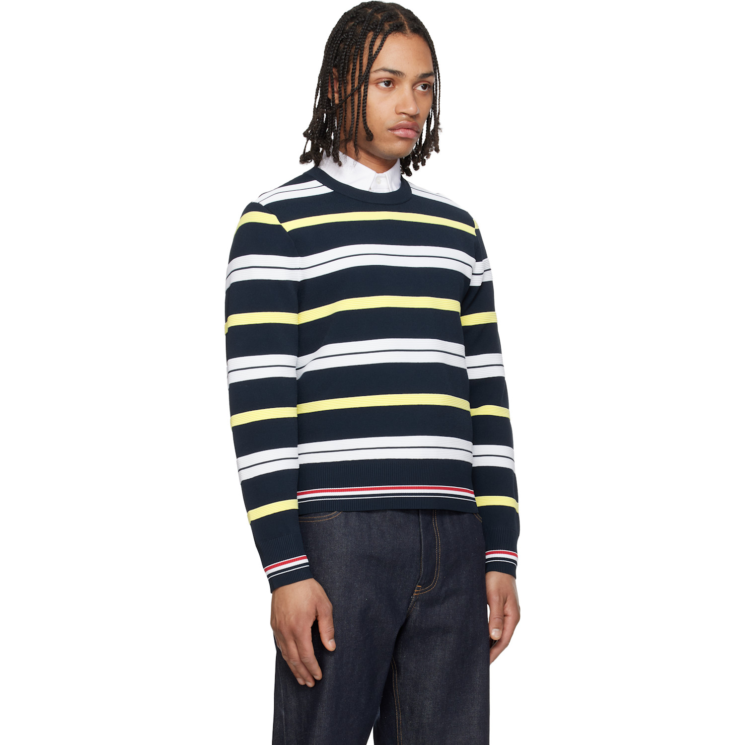  Thom Browne Navy Variegated Rep Stripe Ottoman Stitch Crew Neck Sweater 