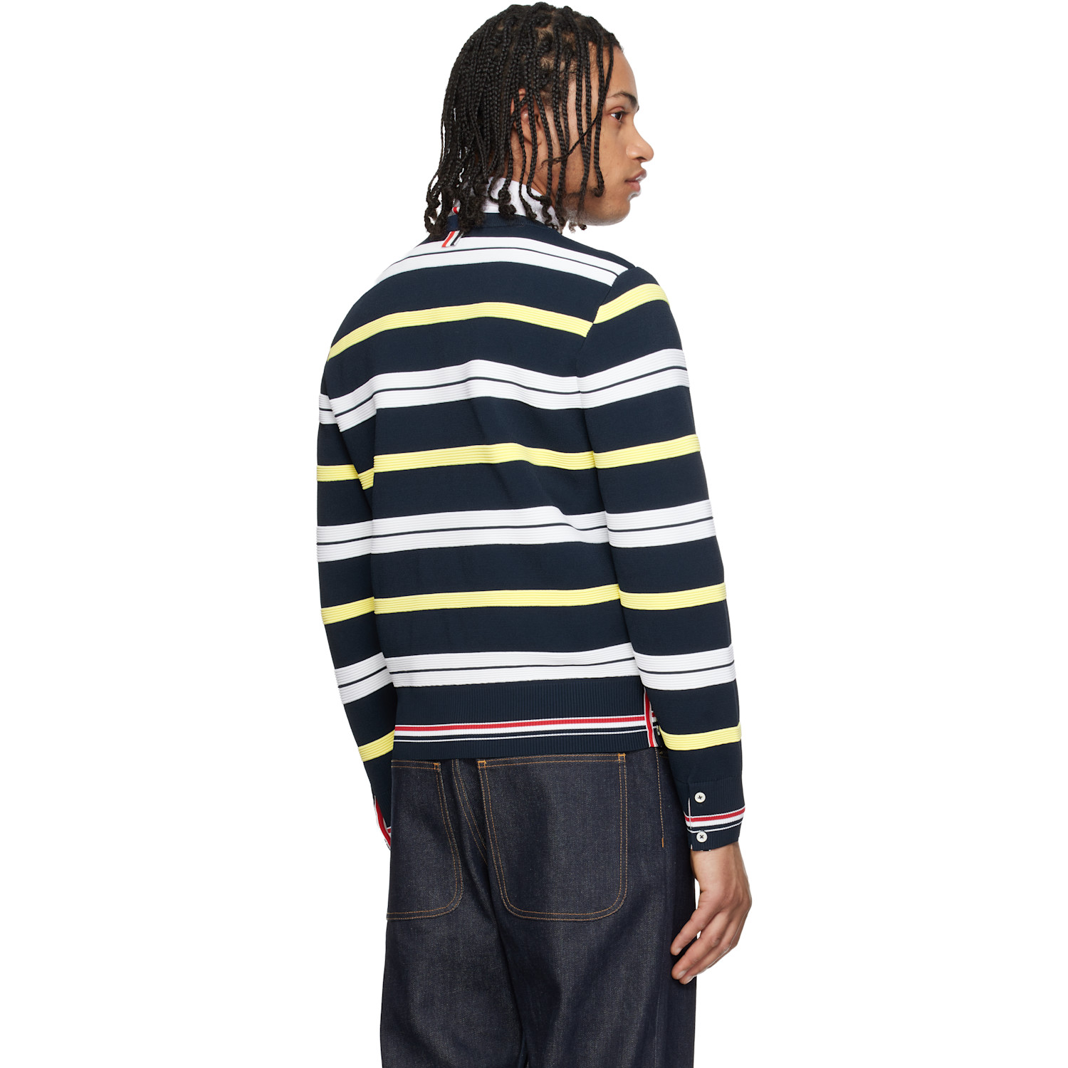  Thom Browne Navy Variegated Rep Stripe Ottoman Stitch Crew Neck Sweater 