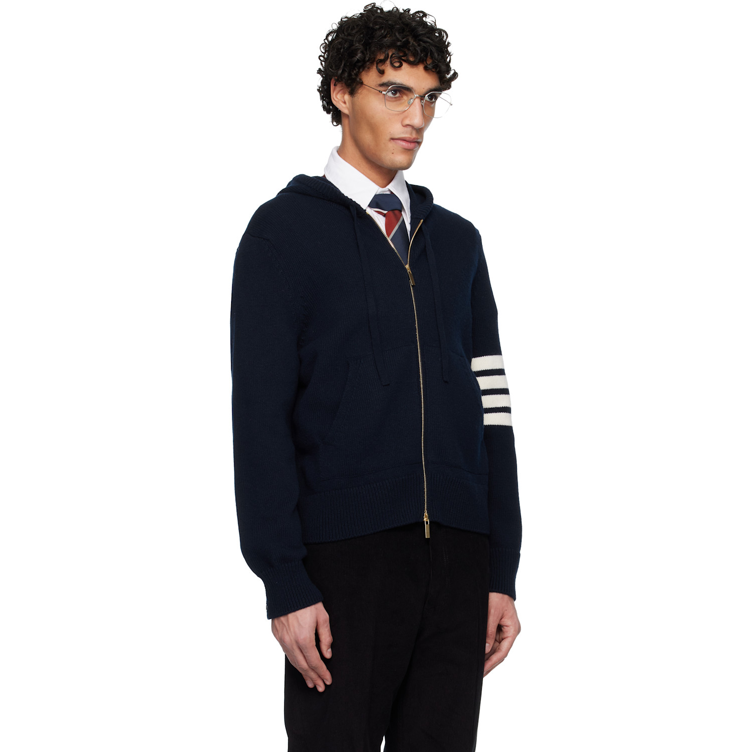  Thom Browne Navy Intarsia Zip Up 4-bar Hoodie 