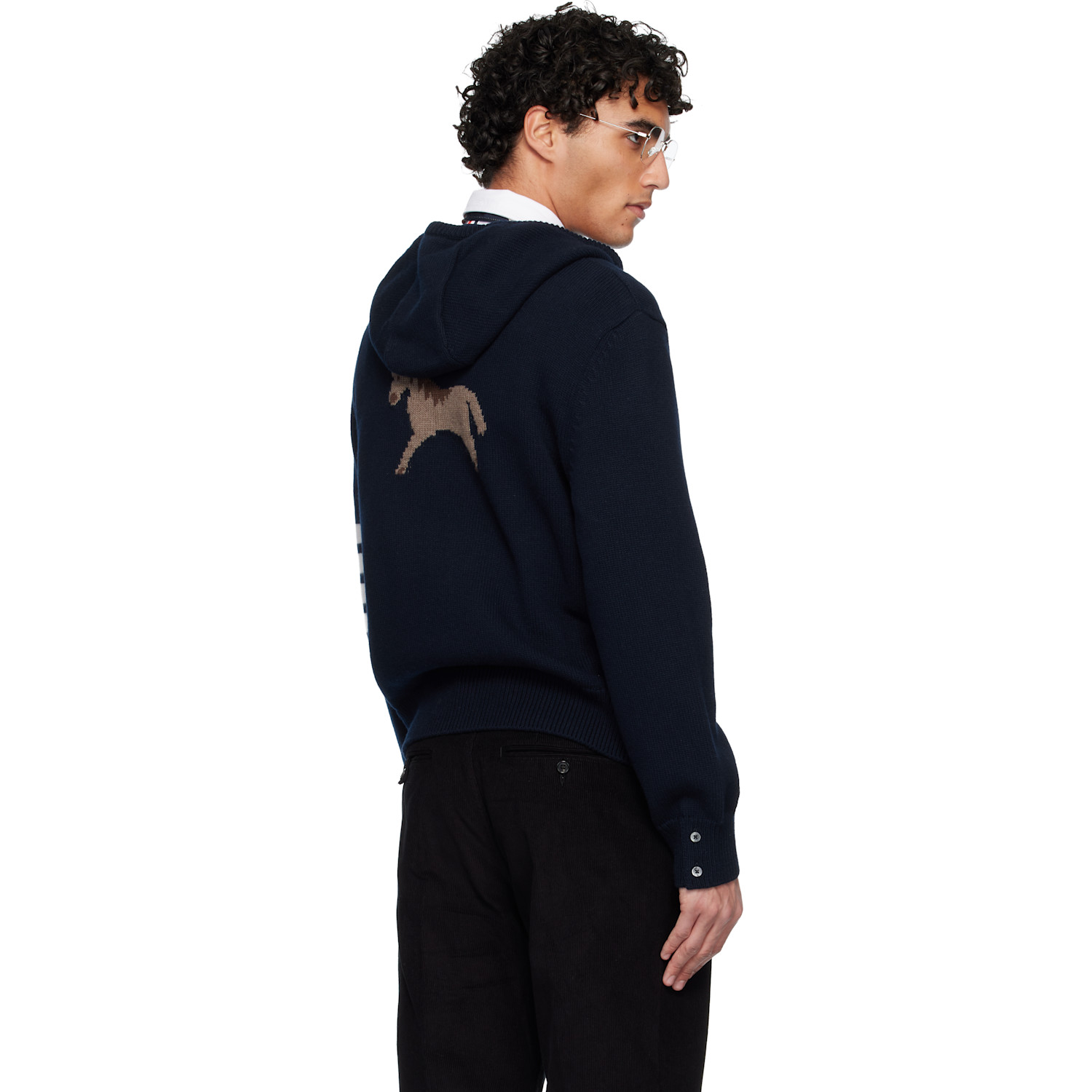  Thom Browne Navy Intarsia Zip Up 4-bar Hoodie 