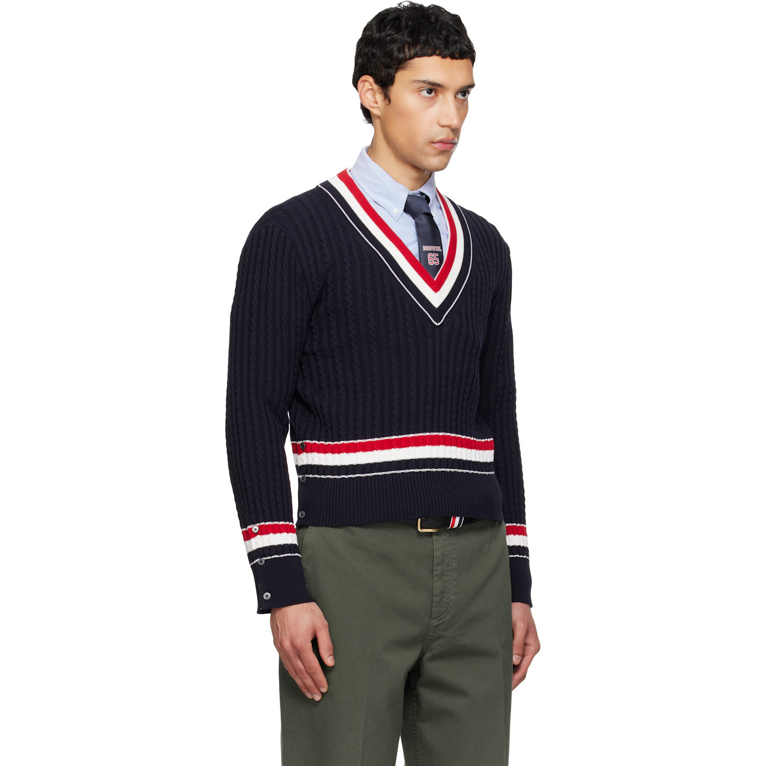  Thom Browne Navy Cable V Neck Sweater 