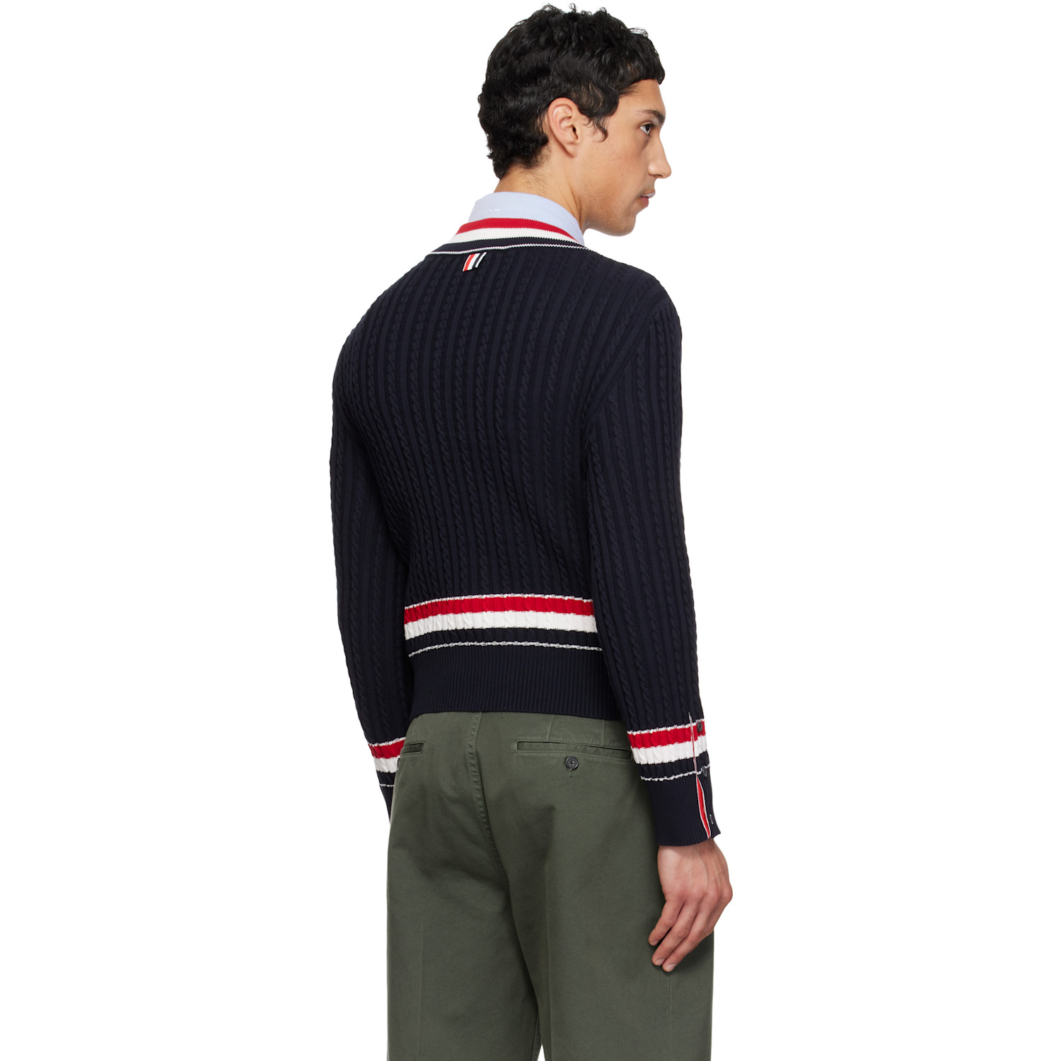  Thom Browne Navy Cable V Neck Sweater 