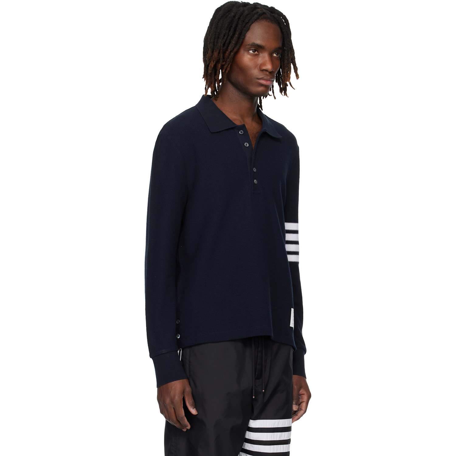  Thom Browne Navy Textured Pique 4-bar Long Sleeve Polo 