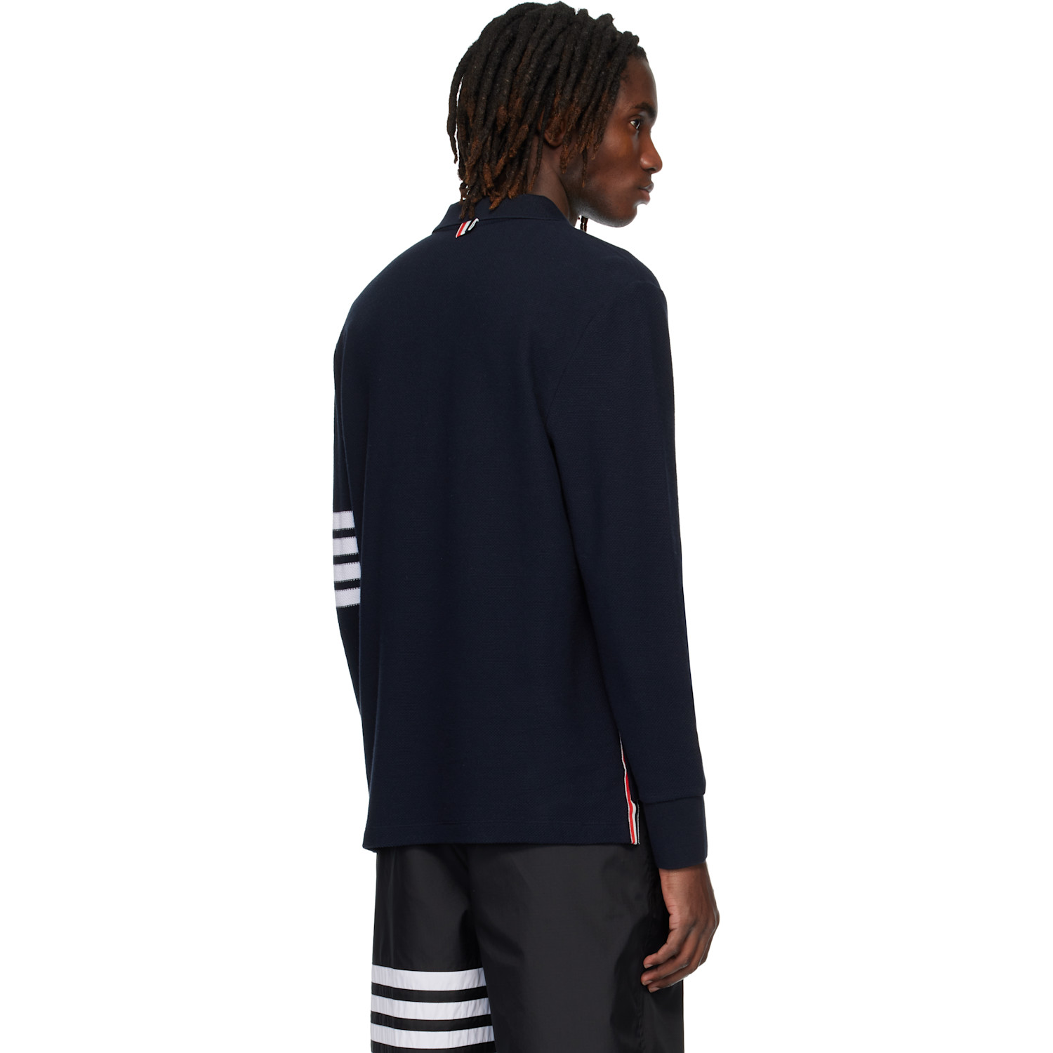  Thom Browne Navy Textured Pique 4-bar Long Sleeve Polo 
