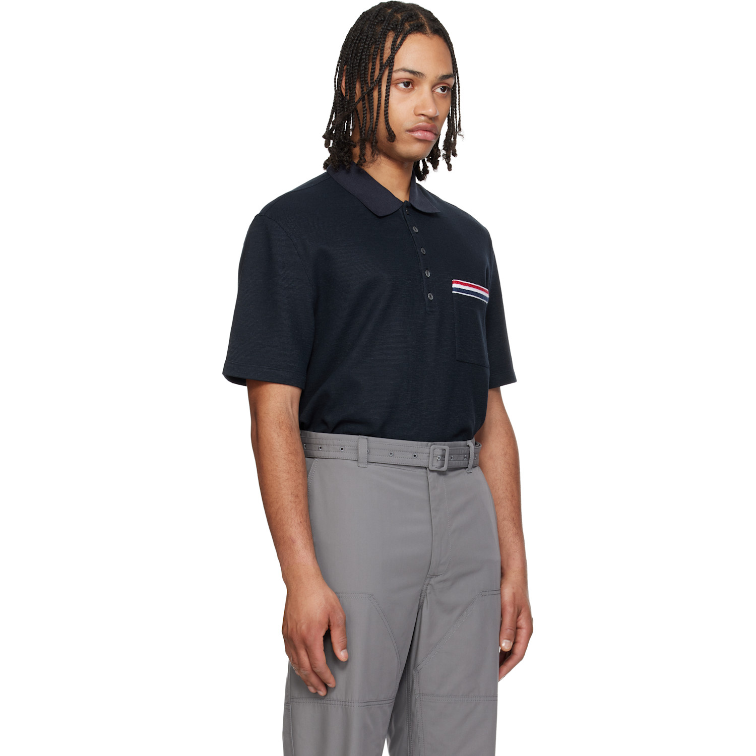  Thom Browne Navy Short Sleeve Pocket Polo Rwb Embroidery Polo 