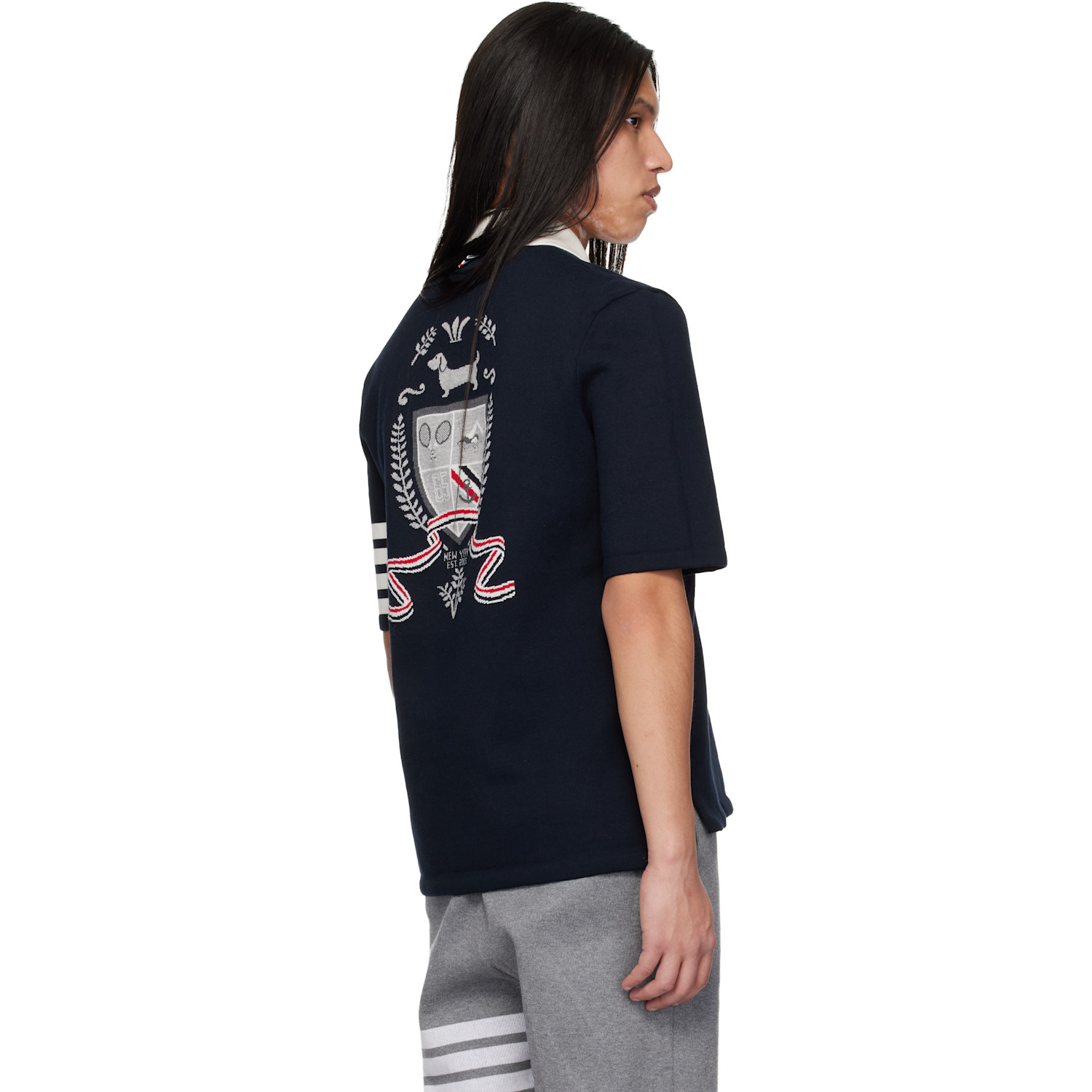  Thom Browne Navy Crest Intarsia Jacquard 4-bar Rugby Fit Polo 
