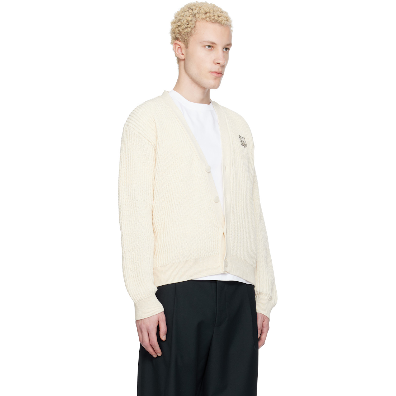  Maison Kitsuné Off-white Fox Head Cotton Ribbed Cardigan 