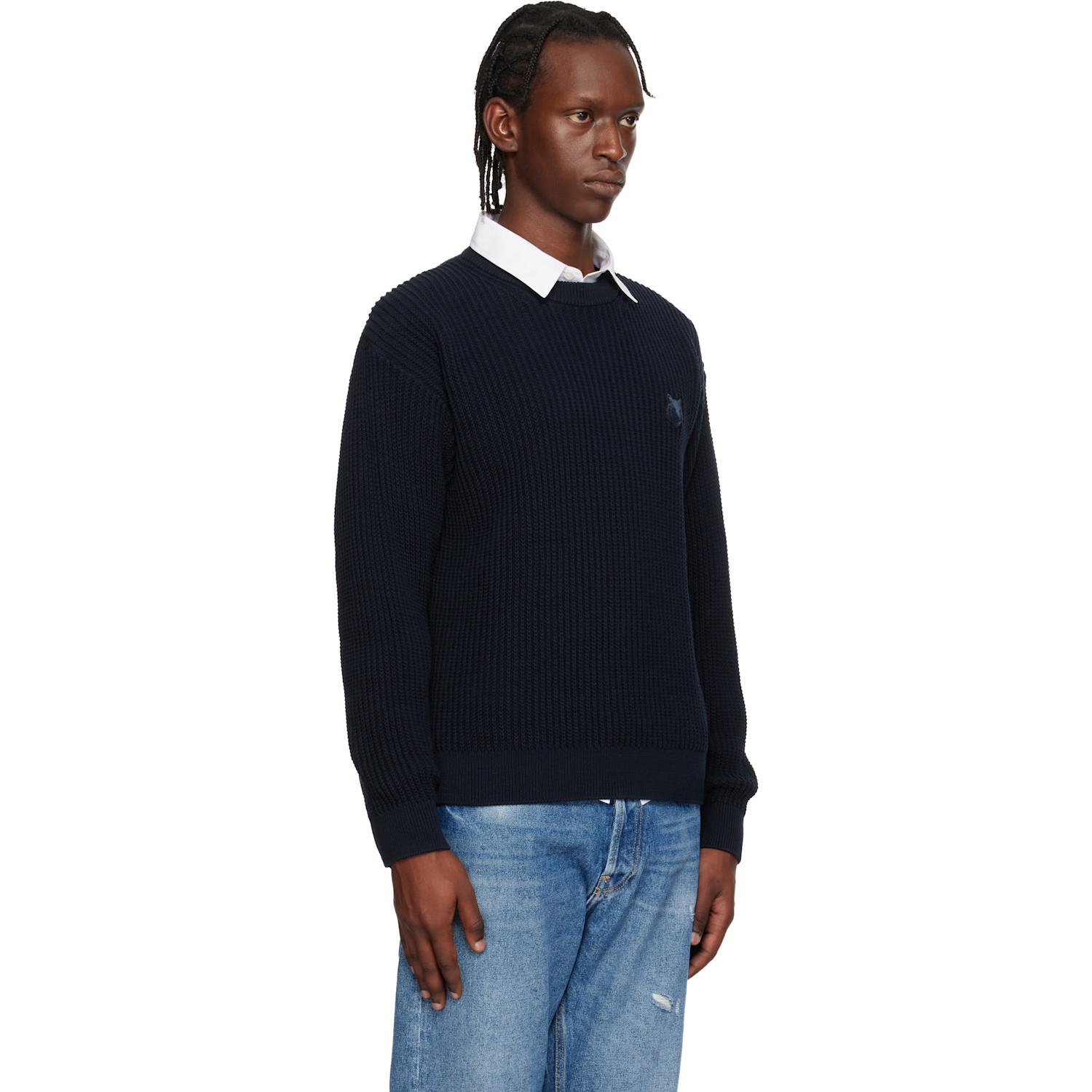  Maison Kitsuné Navy Fox Head Cotton Ribbed Sweater 