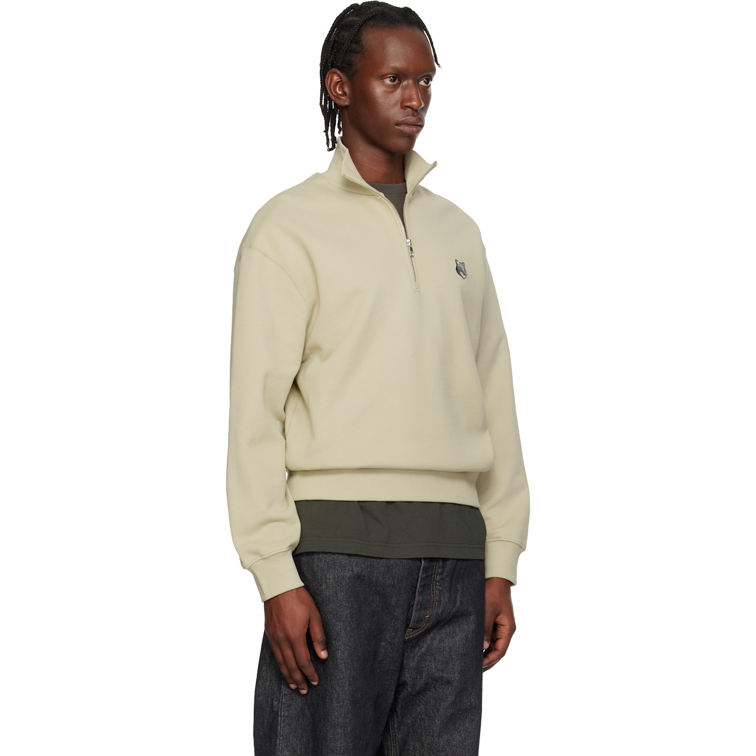  Maison Kitsuné Beige Fox Head Comfort Half Zip Sweatshirt 
