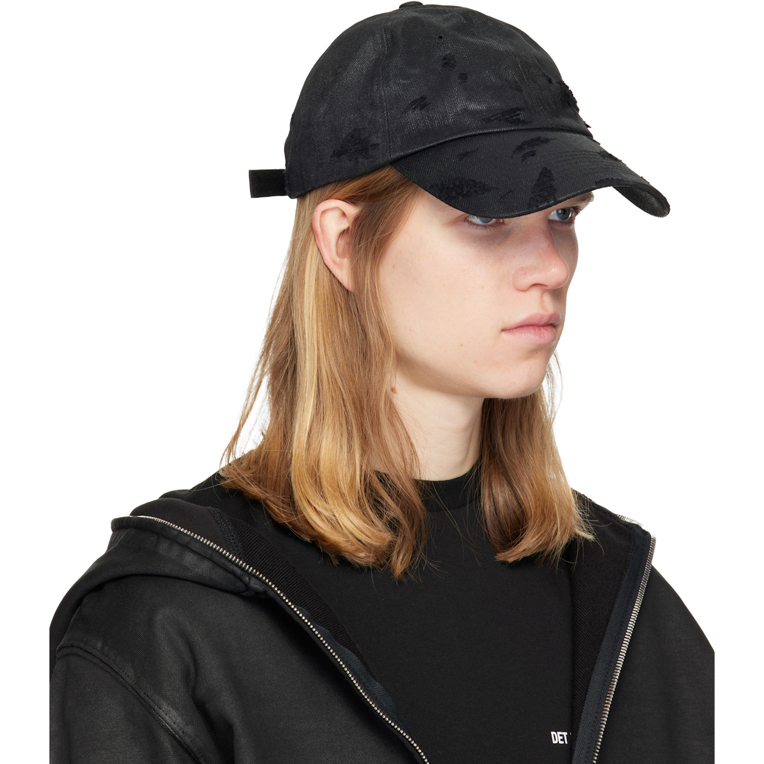  Det Blev Sent Black Distressed Waxed Denim Cap 