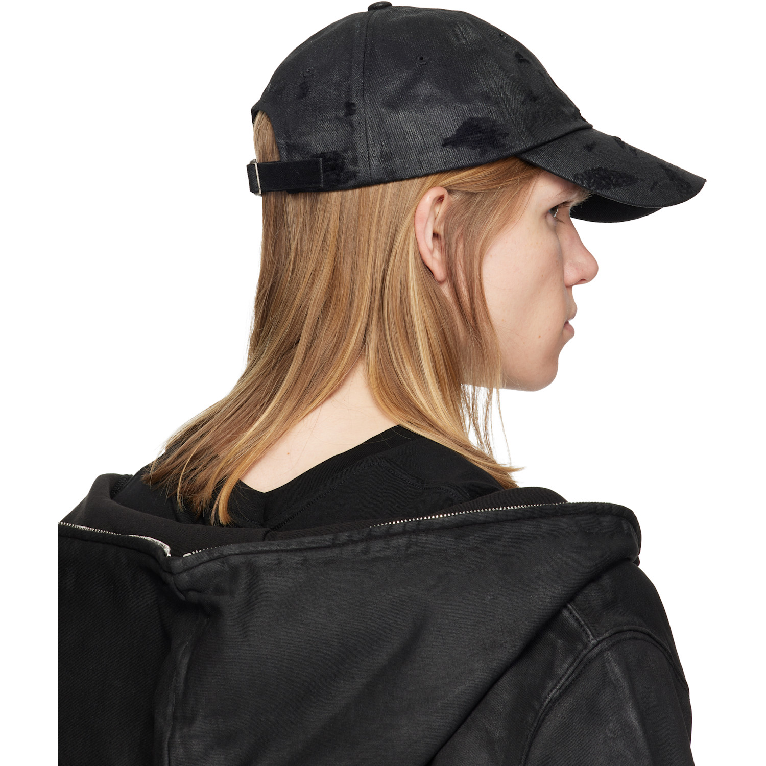  Det Blev Sent Black Distressed Waxed Denim Cap 