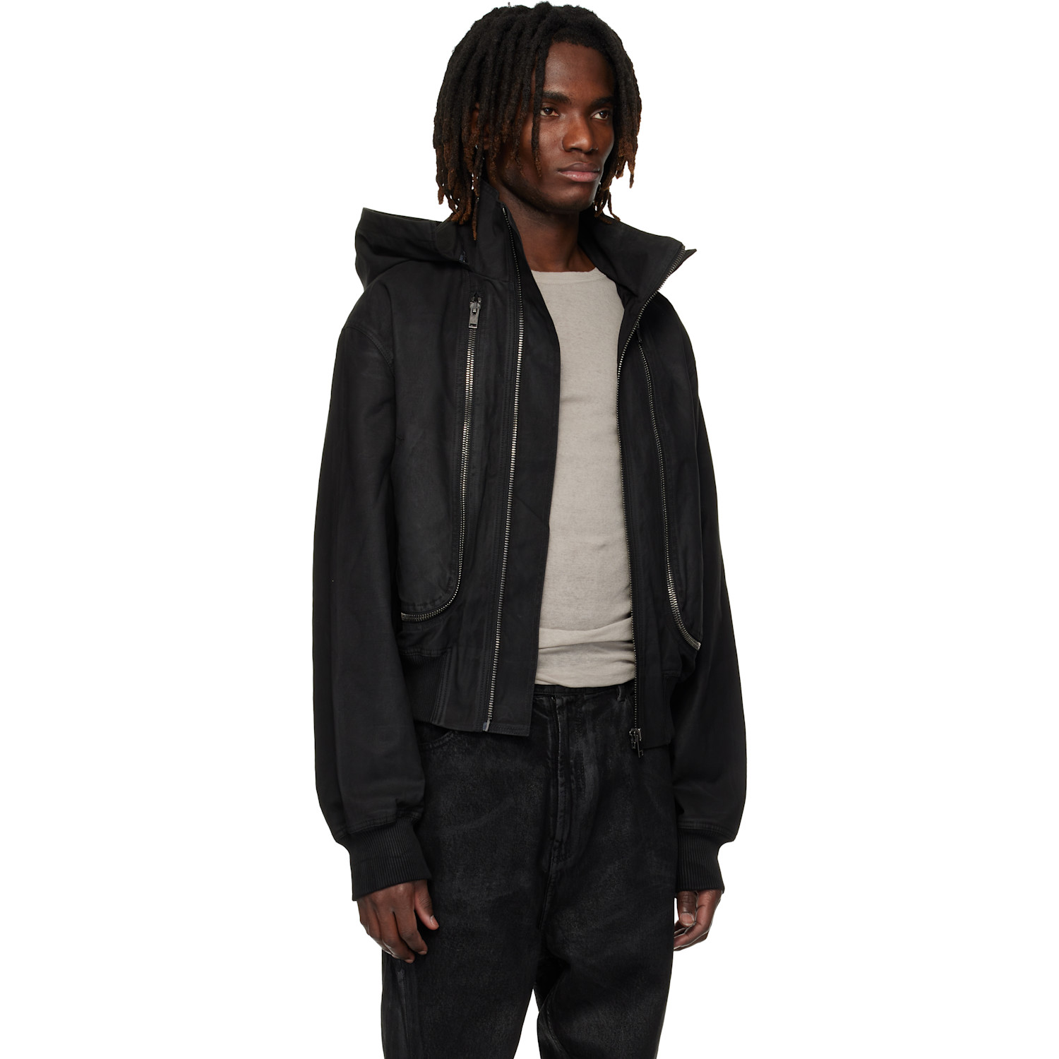  Det Blev Sent Black Waxed Hooded Cargo Bomber Jacket 