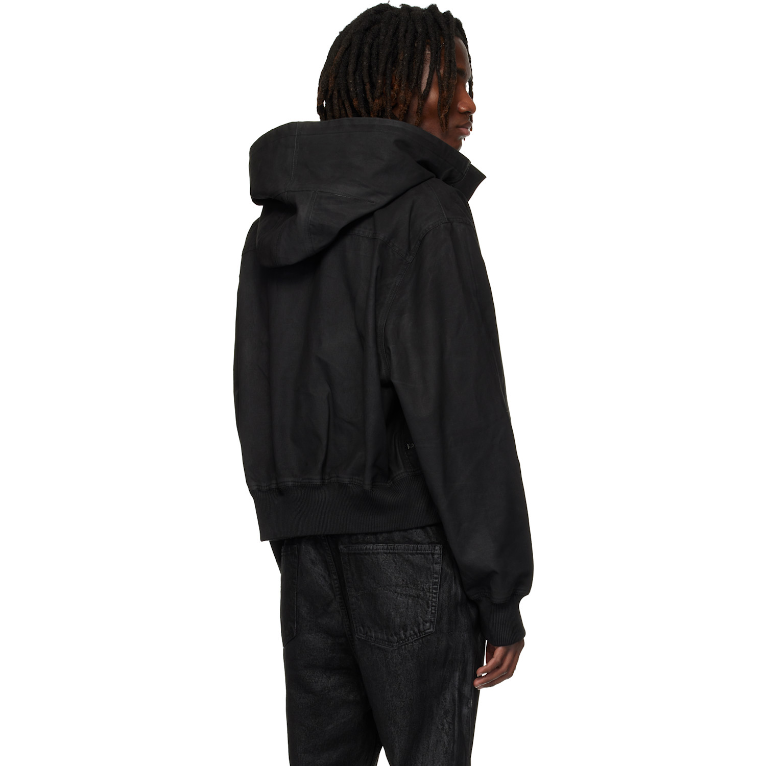  Det Blev Sent Black Waxed Hooded Cargo Bomber Jacket 
