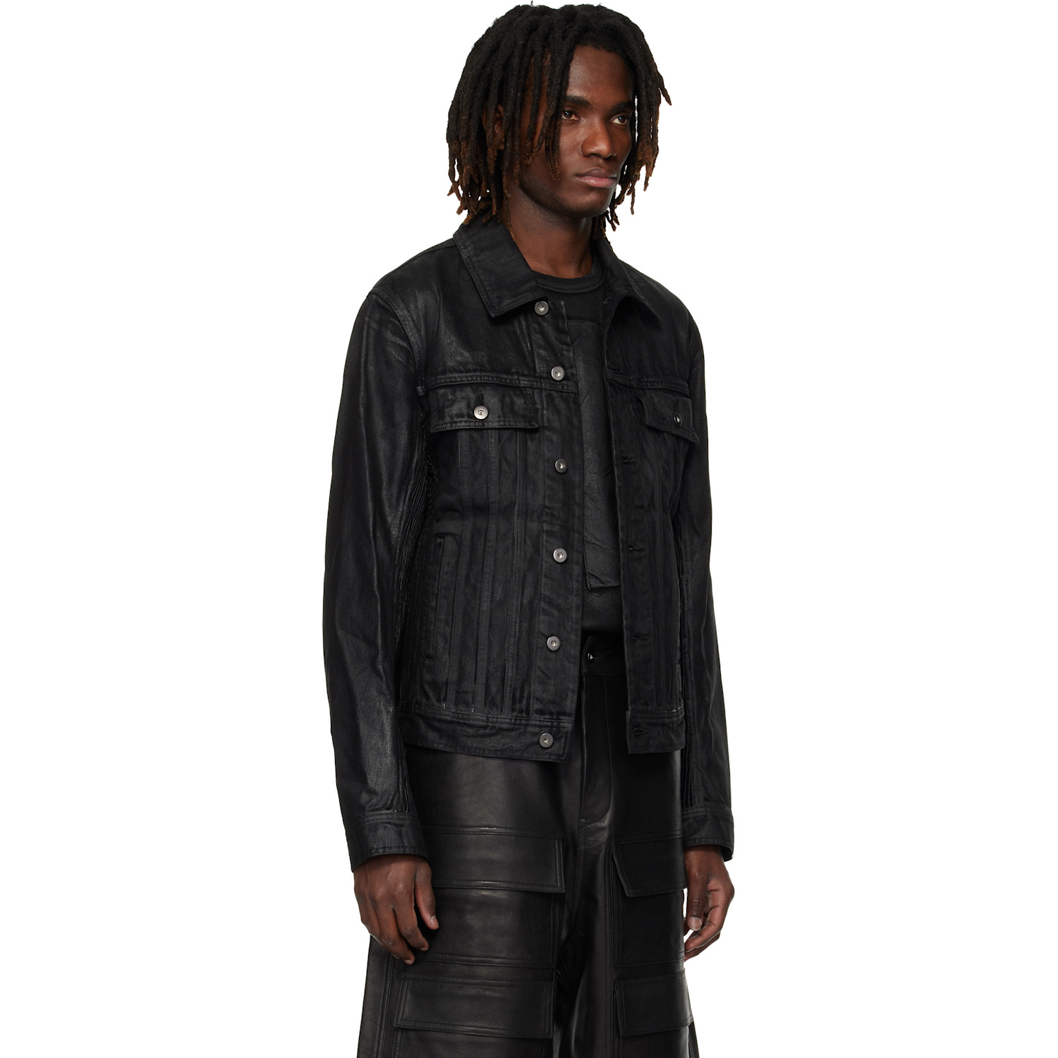  Det Blev Sent Black Waxed Pintuck Bayard Denim Jacket 