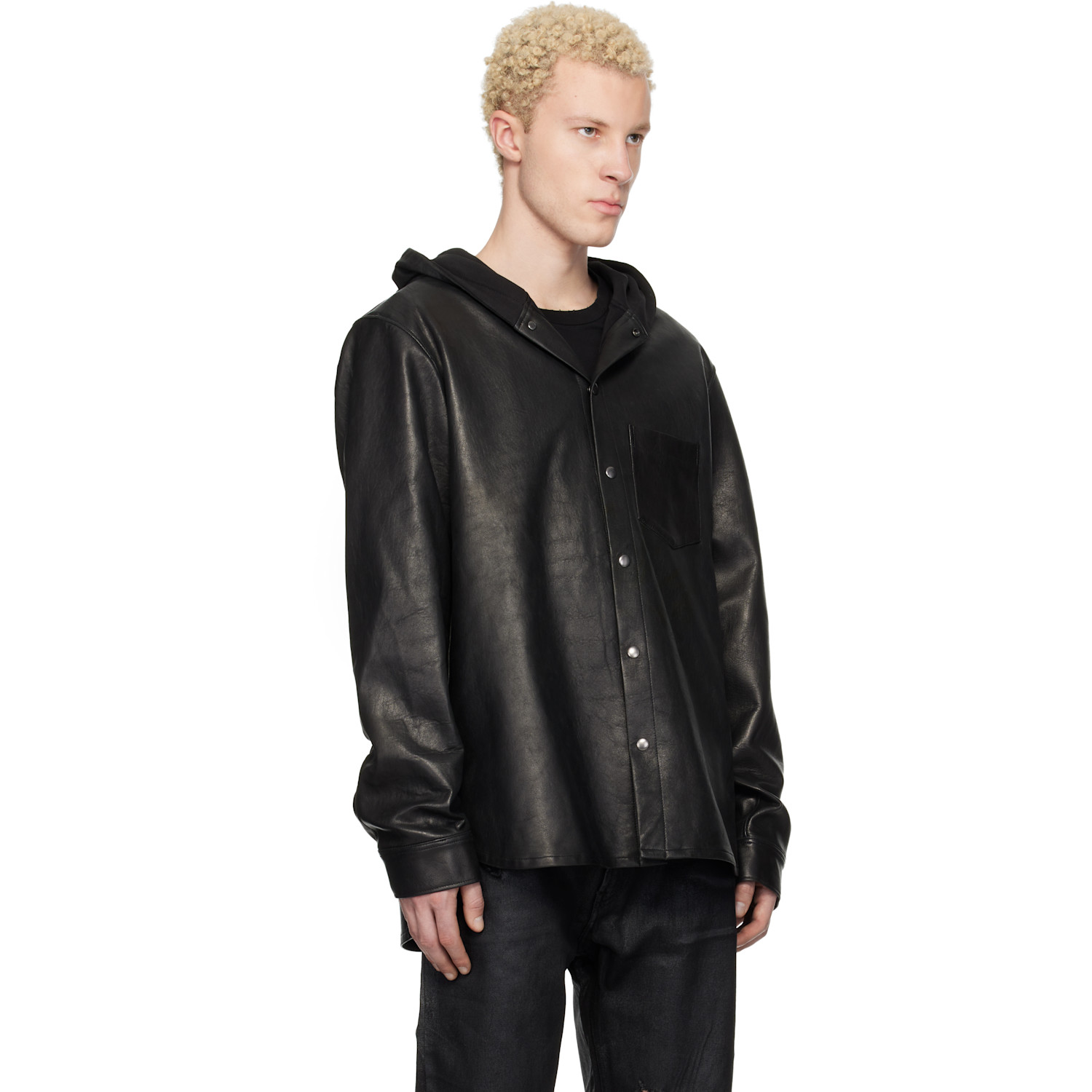  Det Blev Sent Black Hooded Leather Shirt 