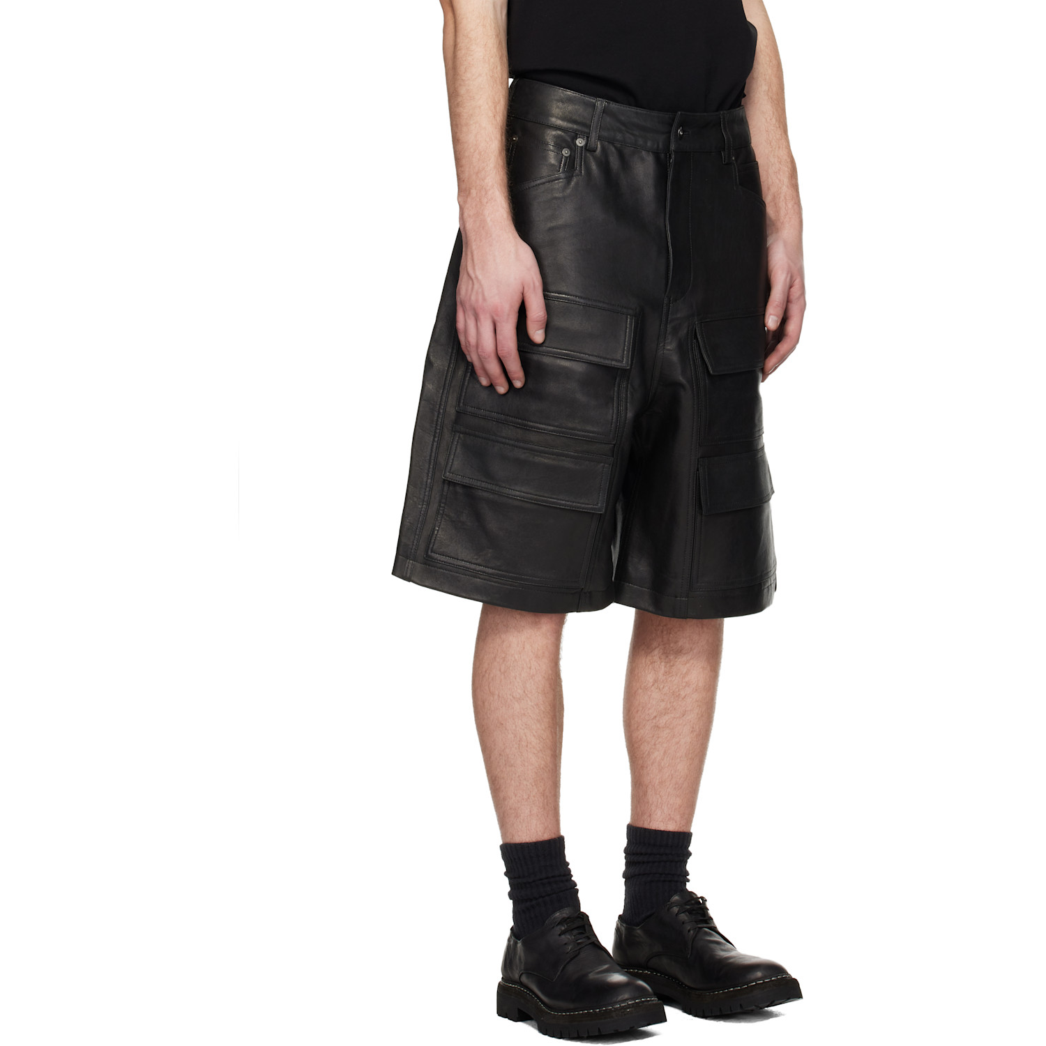  Det Blev Sent Black Leather Double Cargo Shorts 