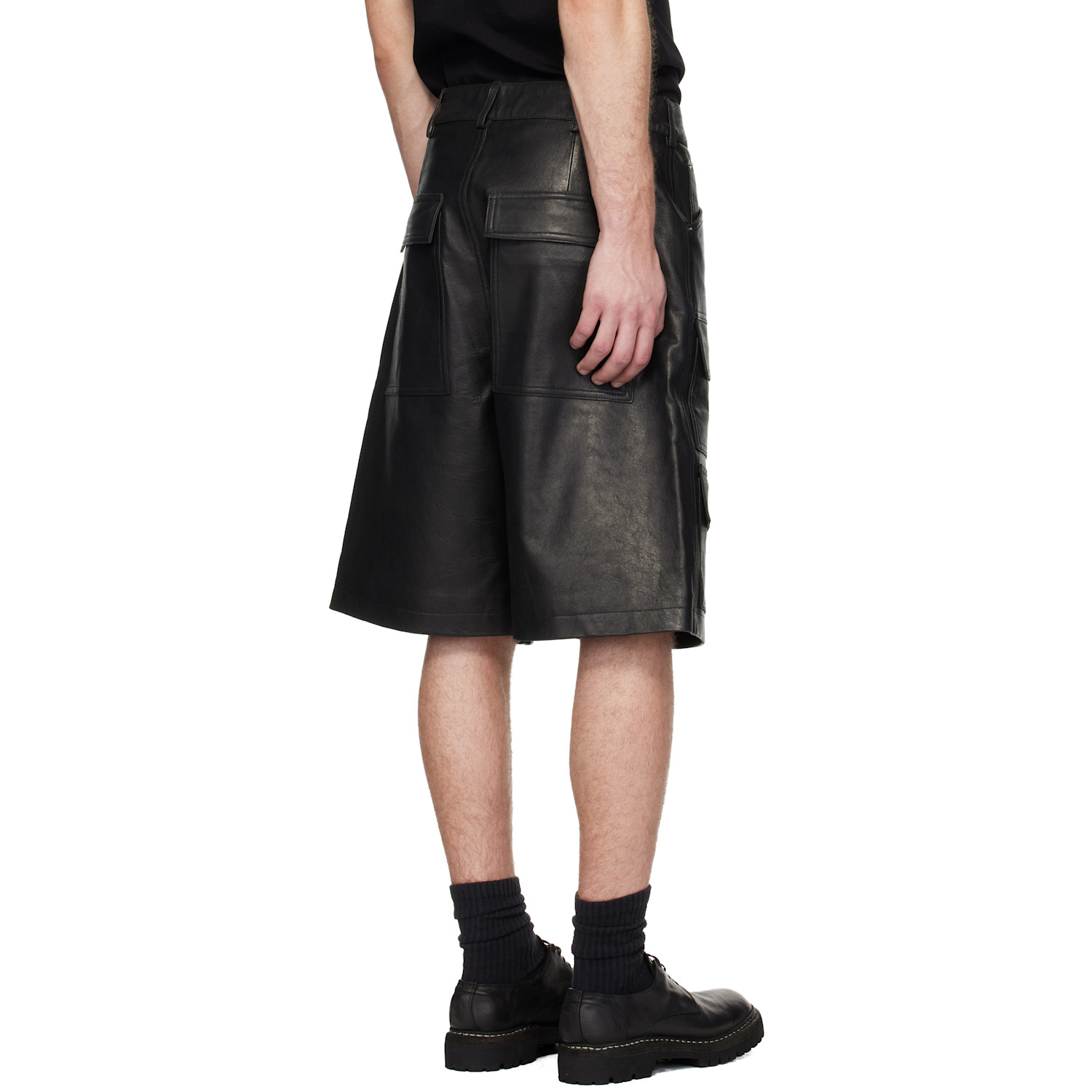 Det Blev Sent Black Leather Double Cargo Shorts 