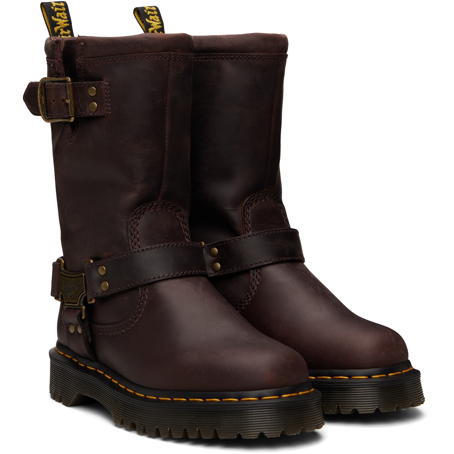 DR. MARTENS 브라운 아니스톤 하이 가죽 바이커 부츠