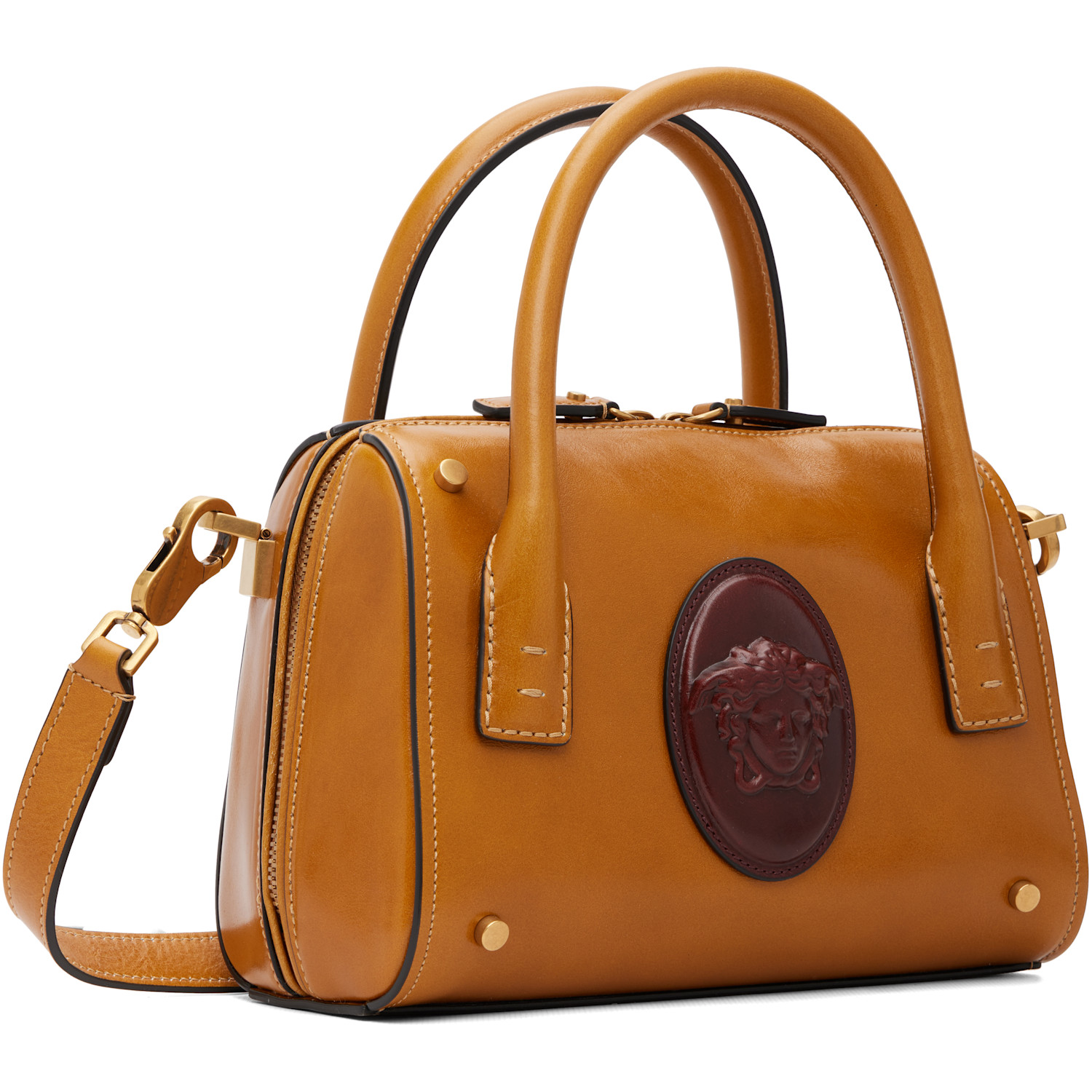  Versace Tan Roomy Small Leather Boston Bag 