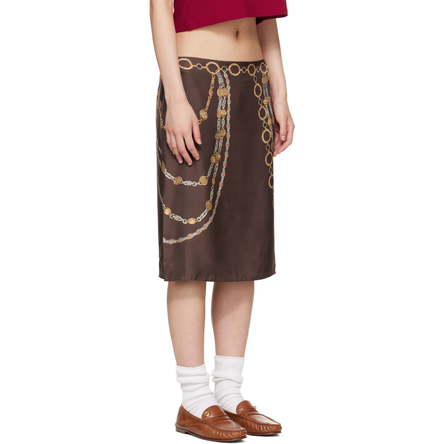  Versace Brown Printed Silk Twill Pencil Midi Skirt 