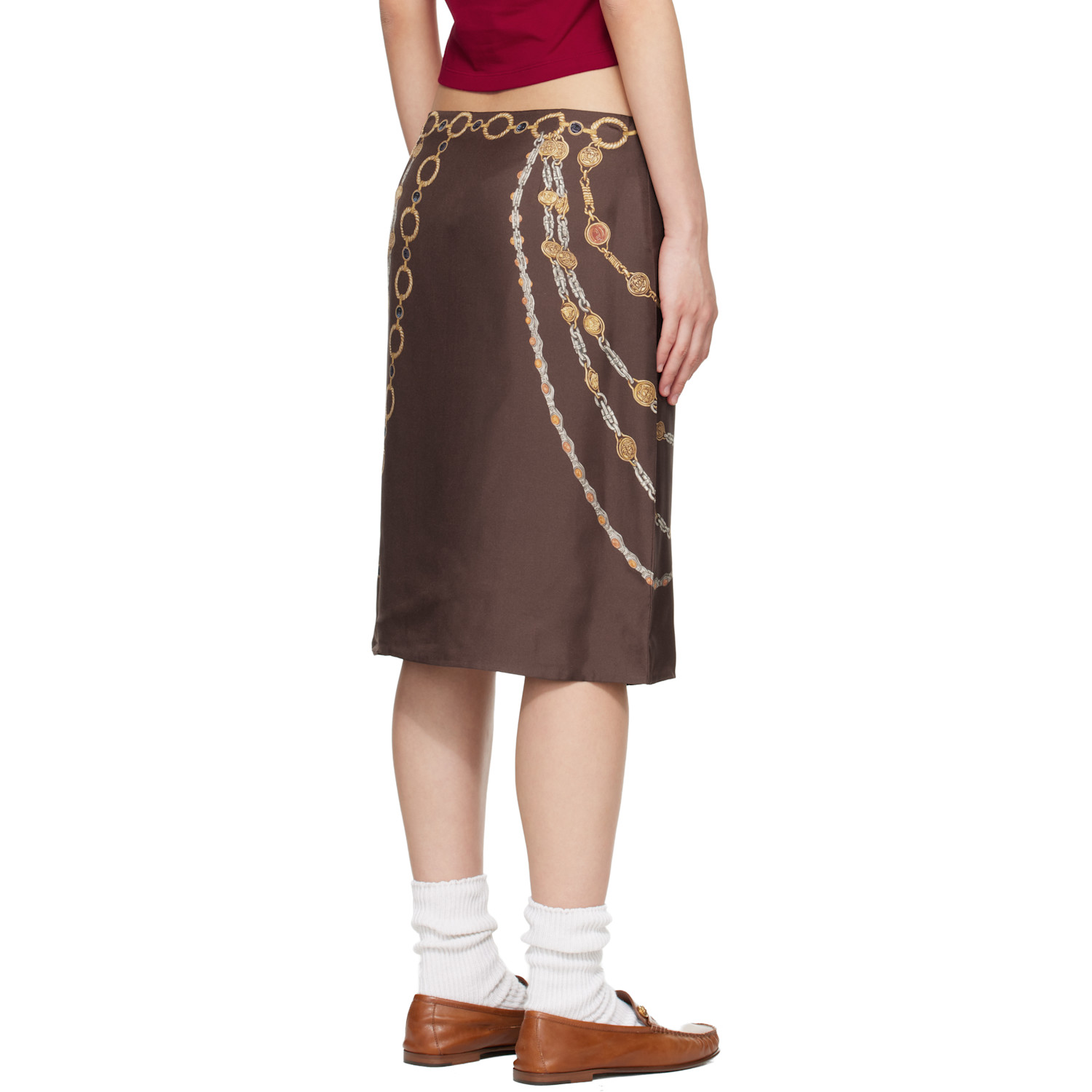  Versace Brown Printed Silk Twill Pencil Midi Skirt 