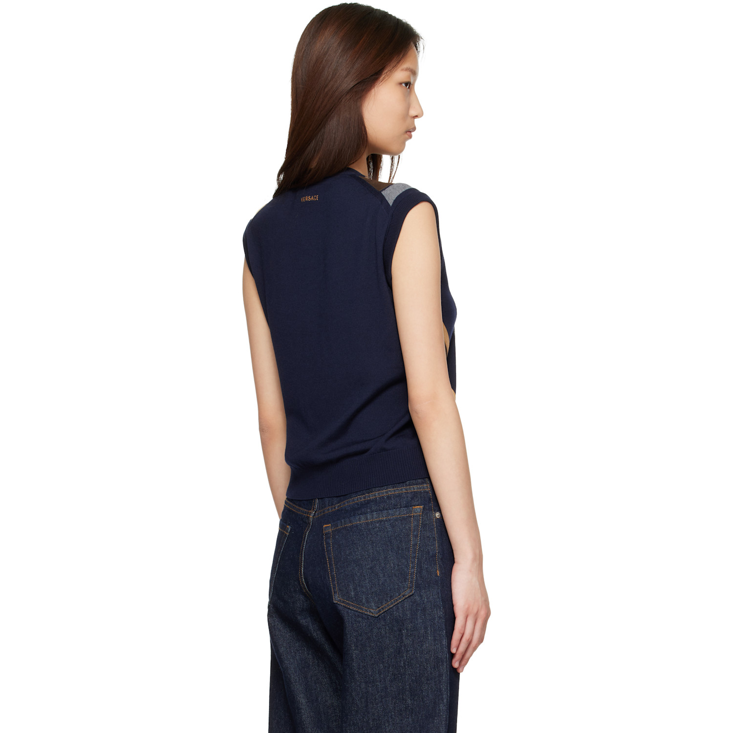  Versace Navy Intarsia-wool & Leather Patchwork Vest 