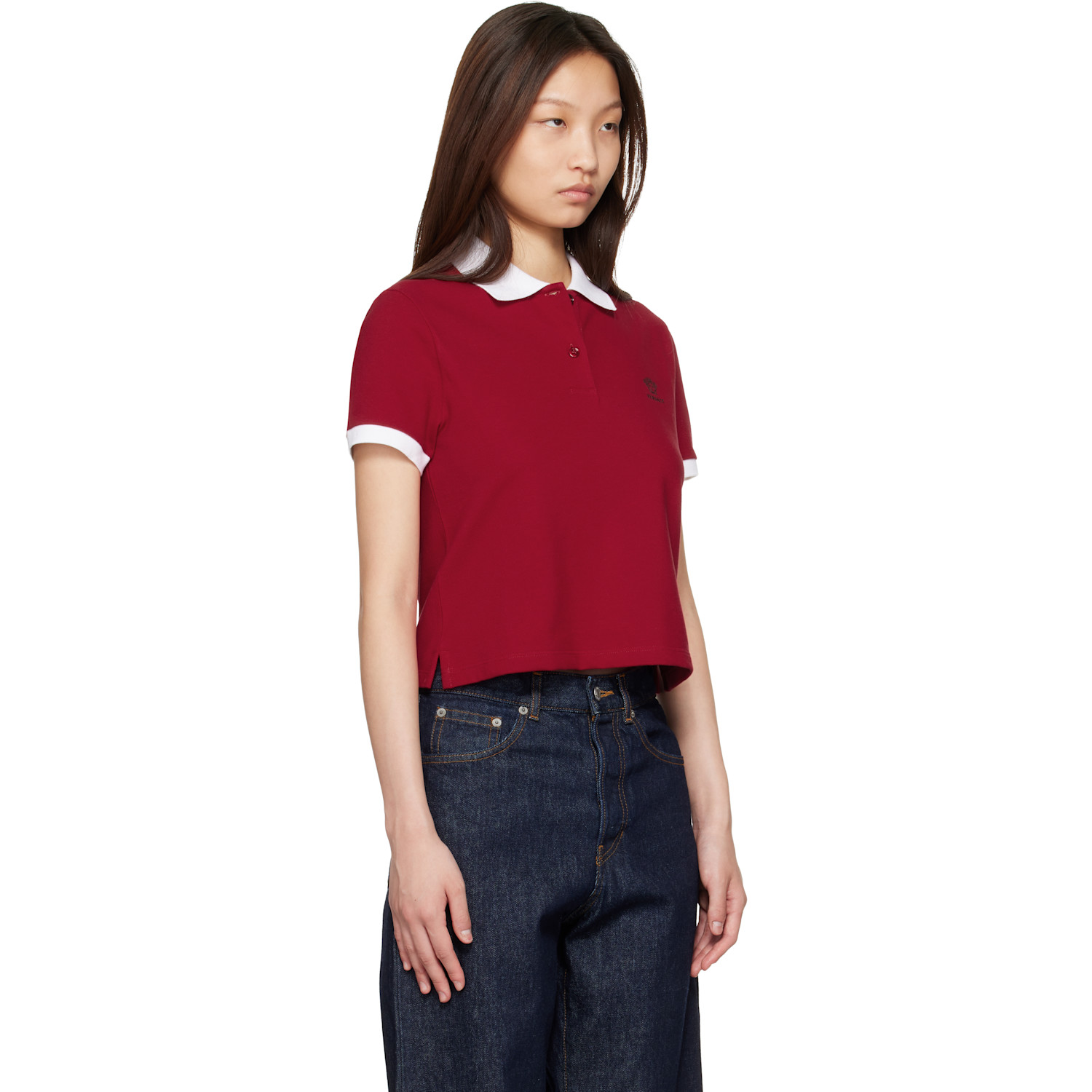  Versace Red & White Embroidered Cotton Piqué Polo 