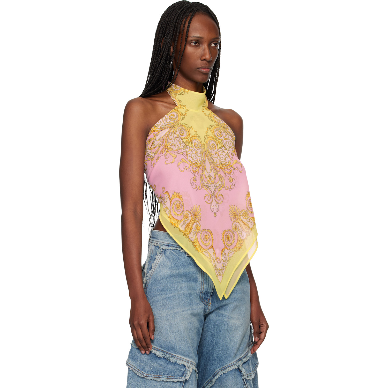  Versace Yellow & Pink Printed Cover-up Foulard Top 