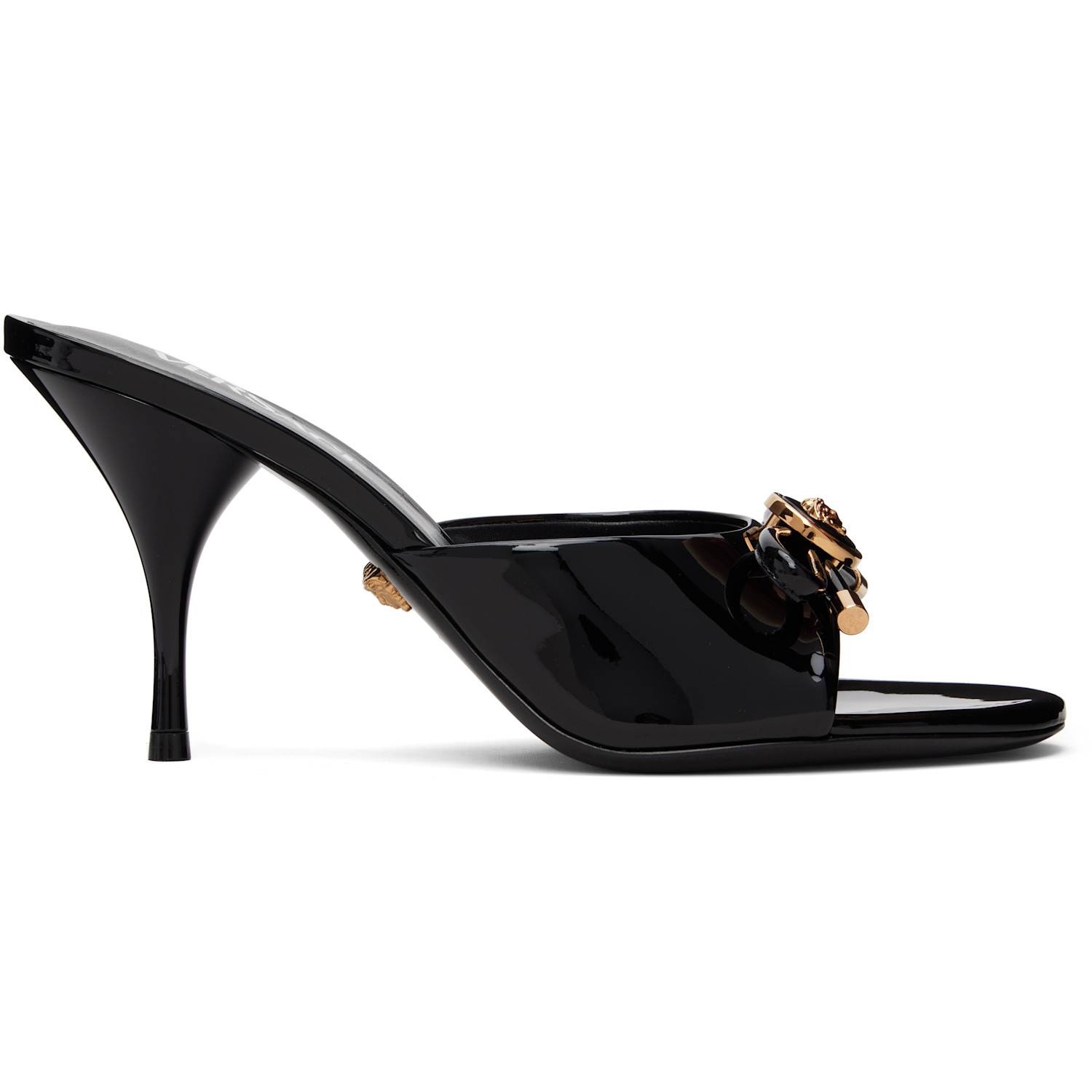 Versace Black Opera Bow Patent Mule Heeled Sandals