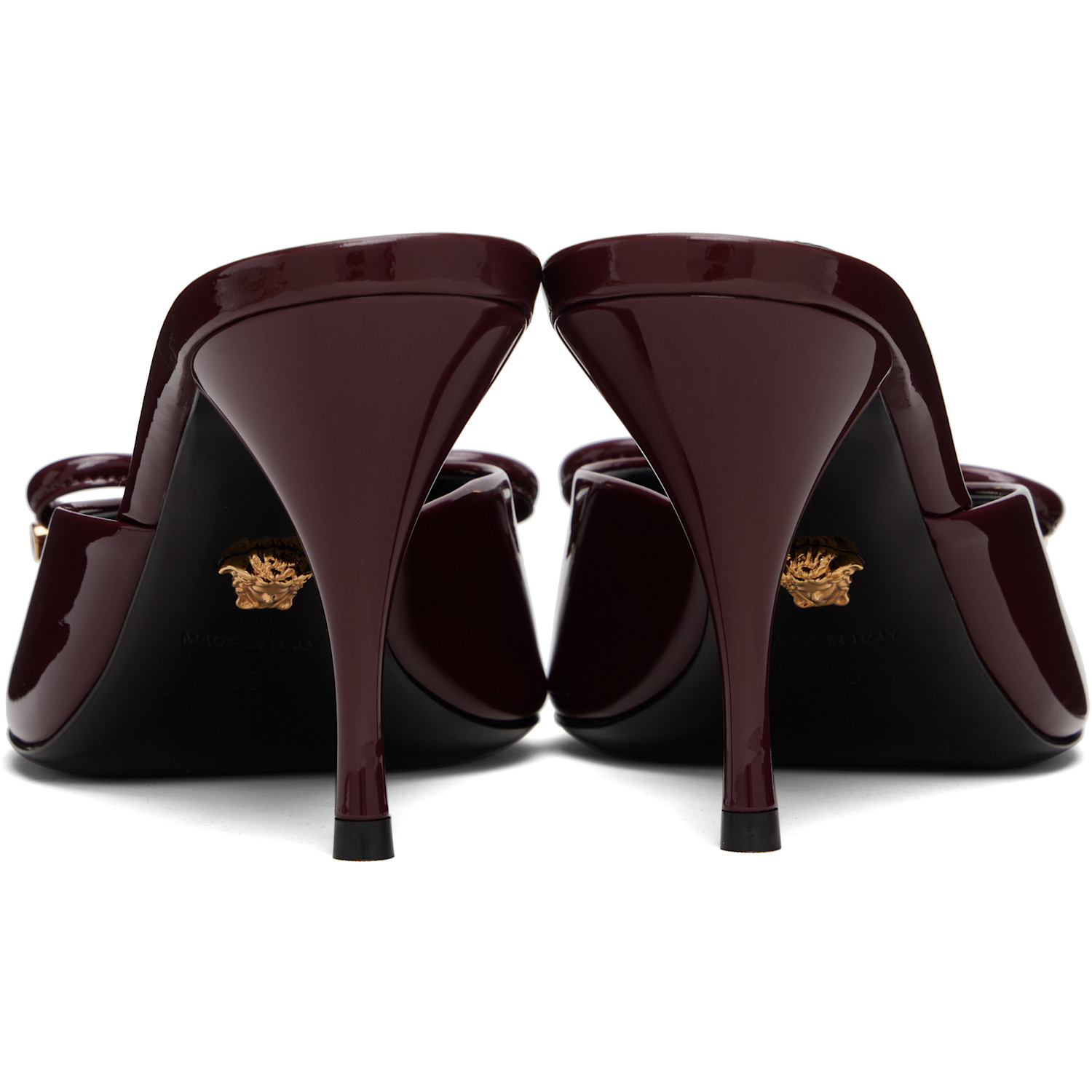  Versace Burgundy Opera Bow Patent Mule Heeled Sandals 