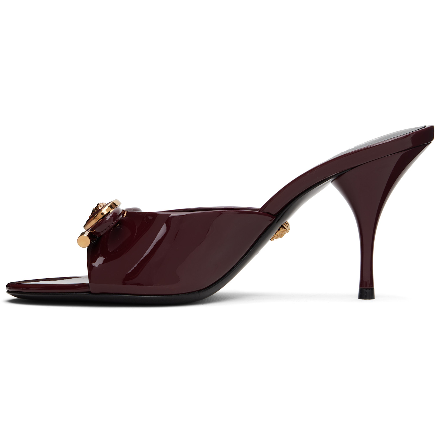  Versace Burgundy Opera Bow Patent Mule Heeled Sandals 