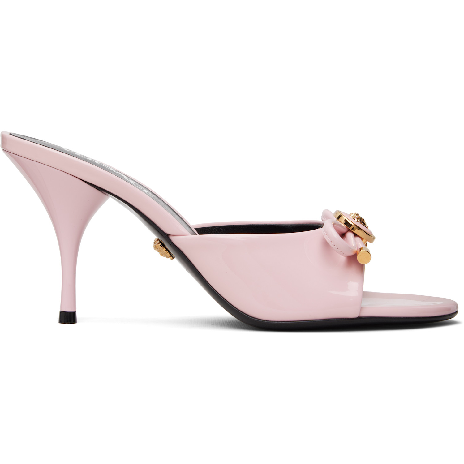 Versace Pink Opera Bow Patent Mule Heeled Sandals