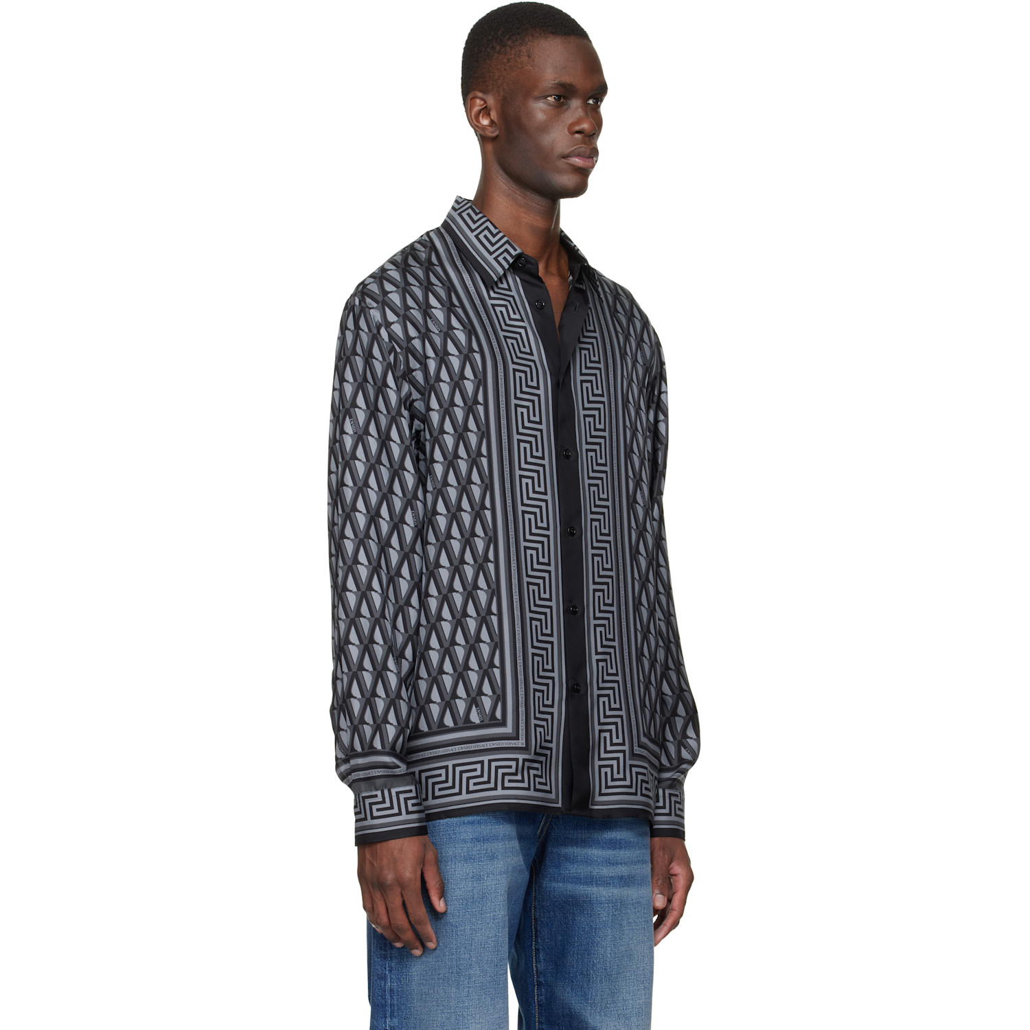  Versace Black & Gray Printed Silk Twill Shirt 