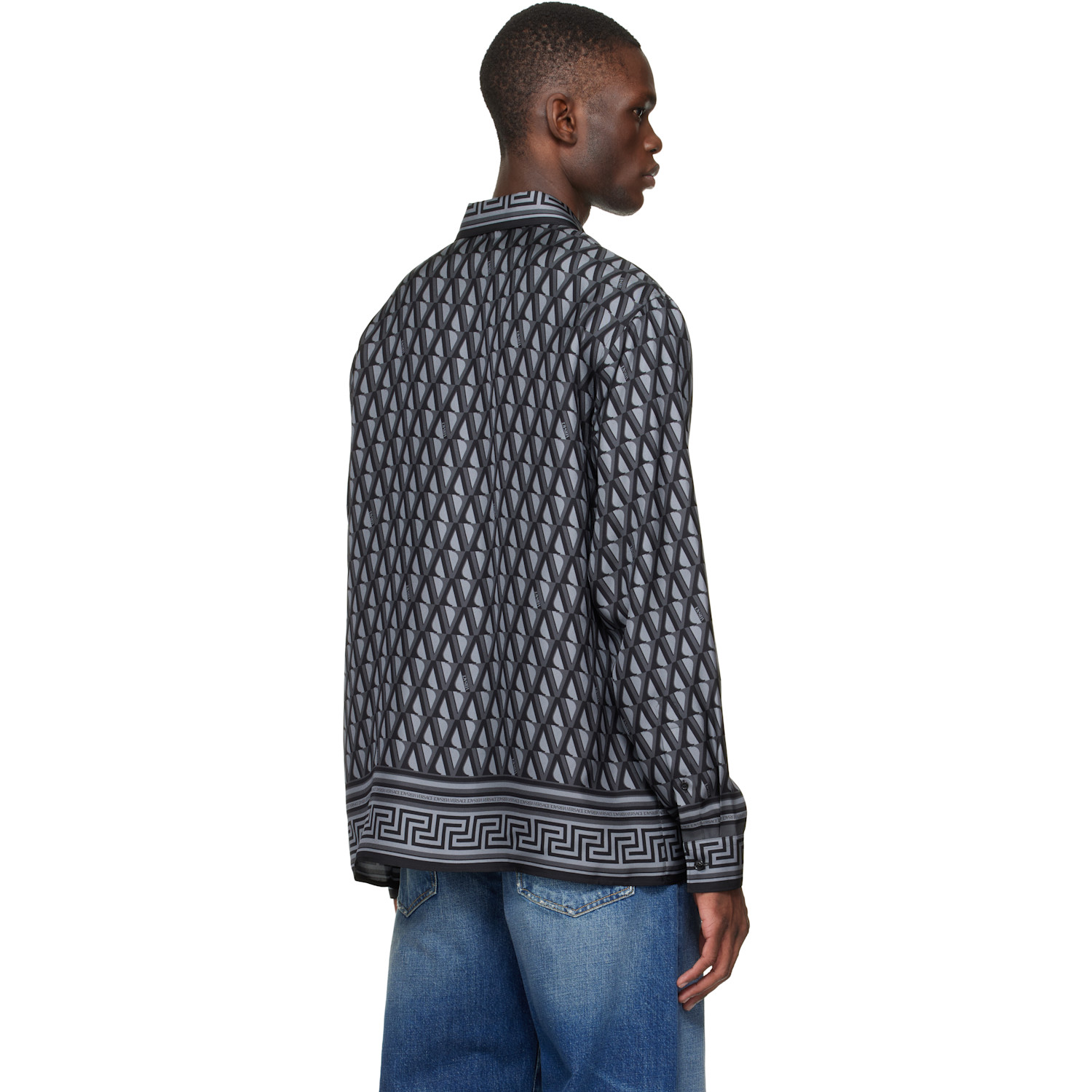  Versace Black & Gray Printed Silk Twill Shirt 