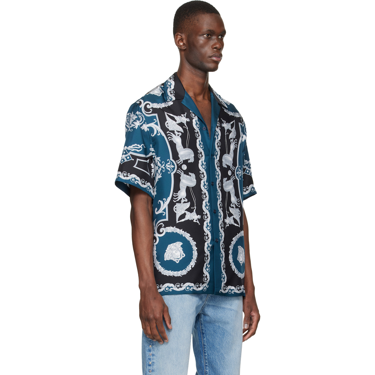  Versace Blue & Black Printed Silk Twill Regular Shirt 