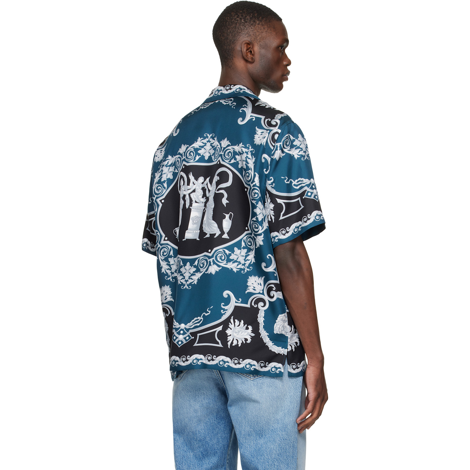  Versace Blue & Black Printed Silk Twill Regular Shirt 