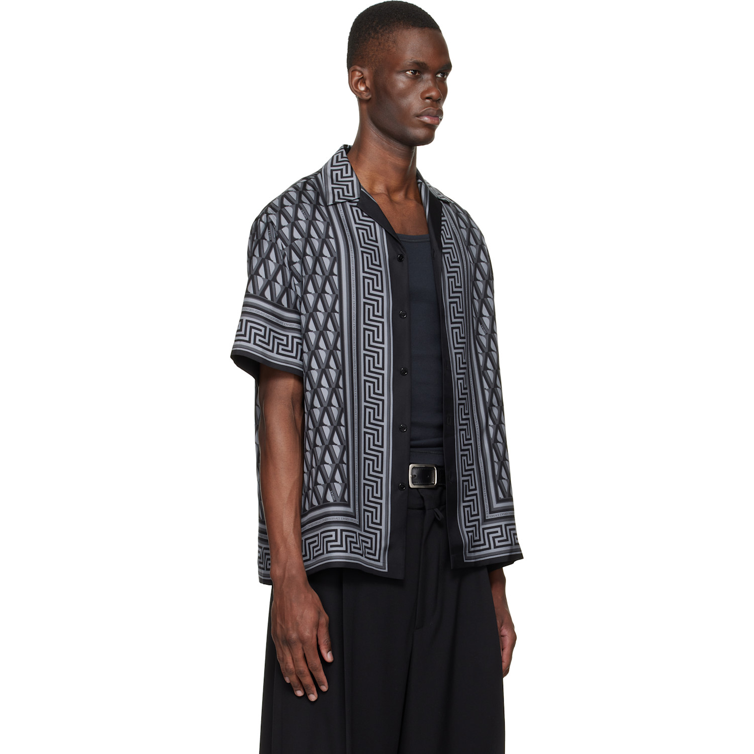  Versace Black & Gray Printed Silk Twill Slim Shirt 