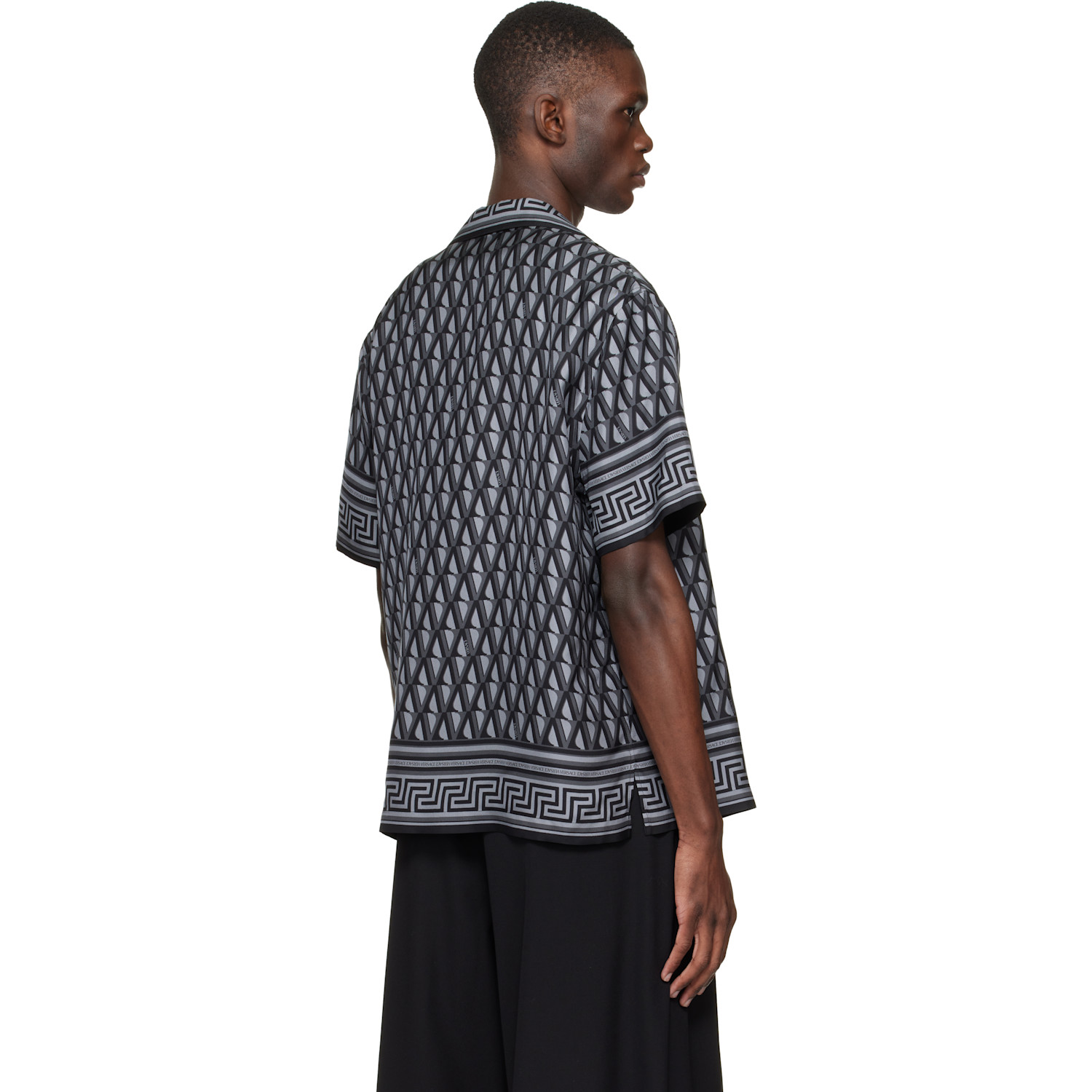  Versace Black & Gray Printed Silk Twill Slim Shirt 