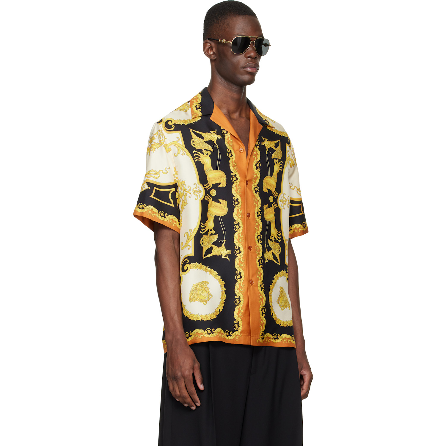  Versace Yellow & Black Printed Silk Twill Regular Shirt 
