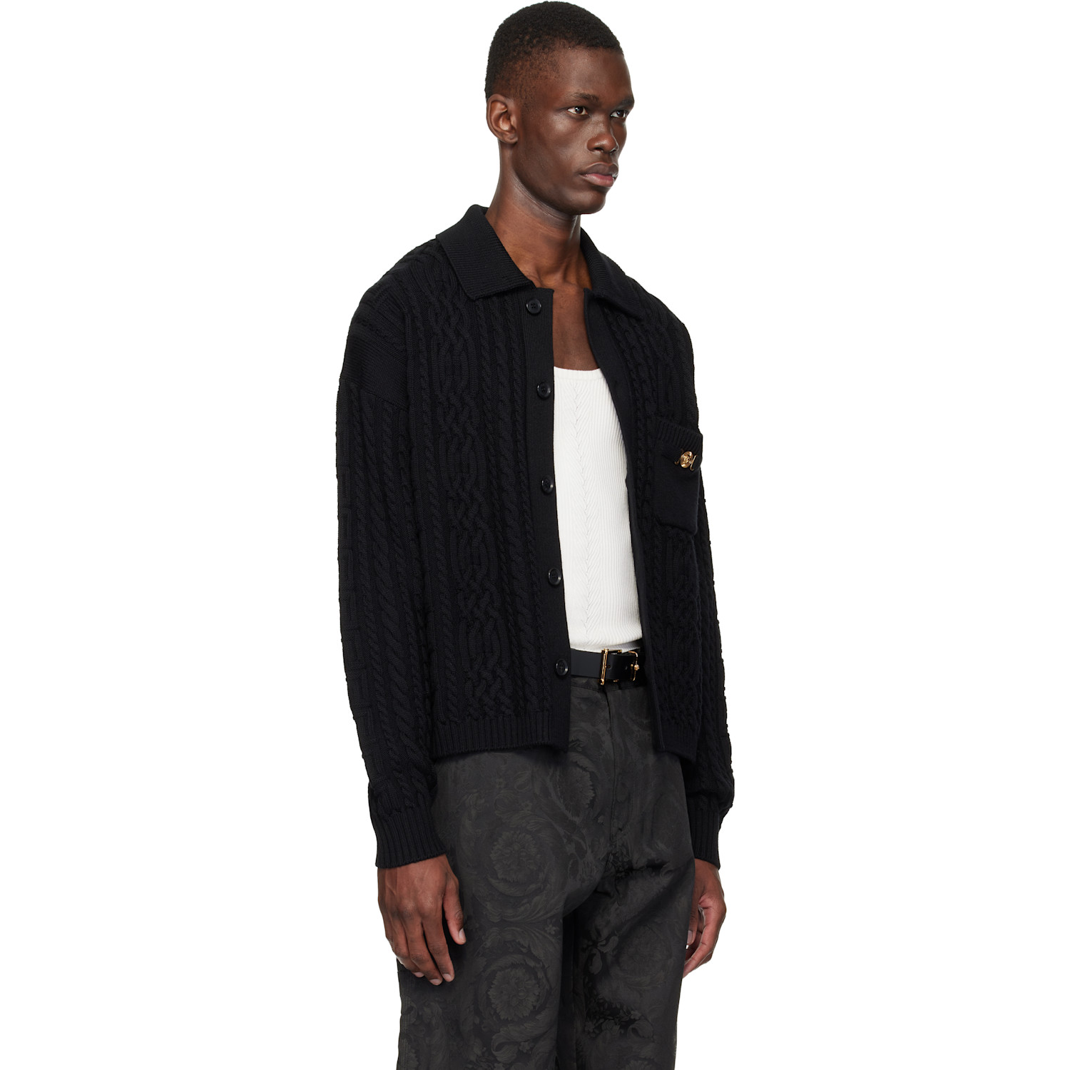  Versace Black Mixed-stitch Wool Knit Cardigan 