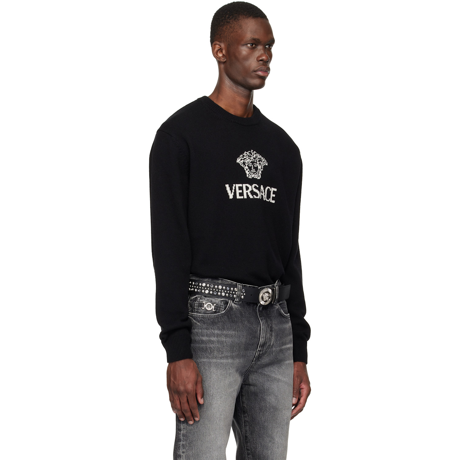  Versace Black Intarsia Cashmere Knit Sweater 